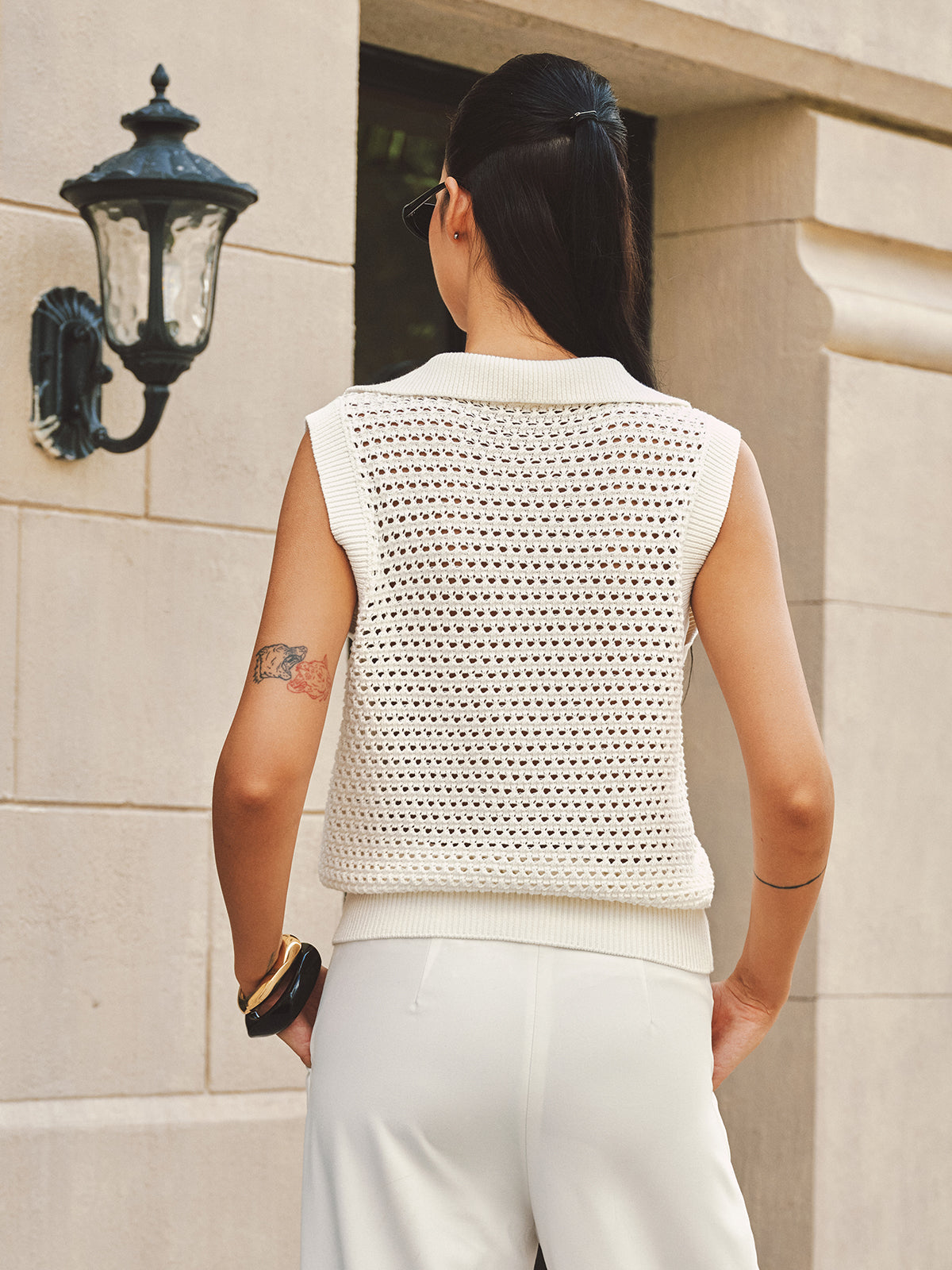 Open-Knit Half-Zip Sleeveless Sweater Vest for Layered Casual Looks