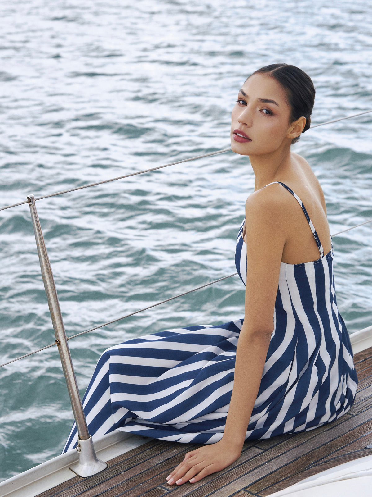 Pocketed Striped Cami Midi Dress with Adjustable Straps and Belt