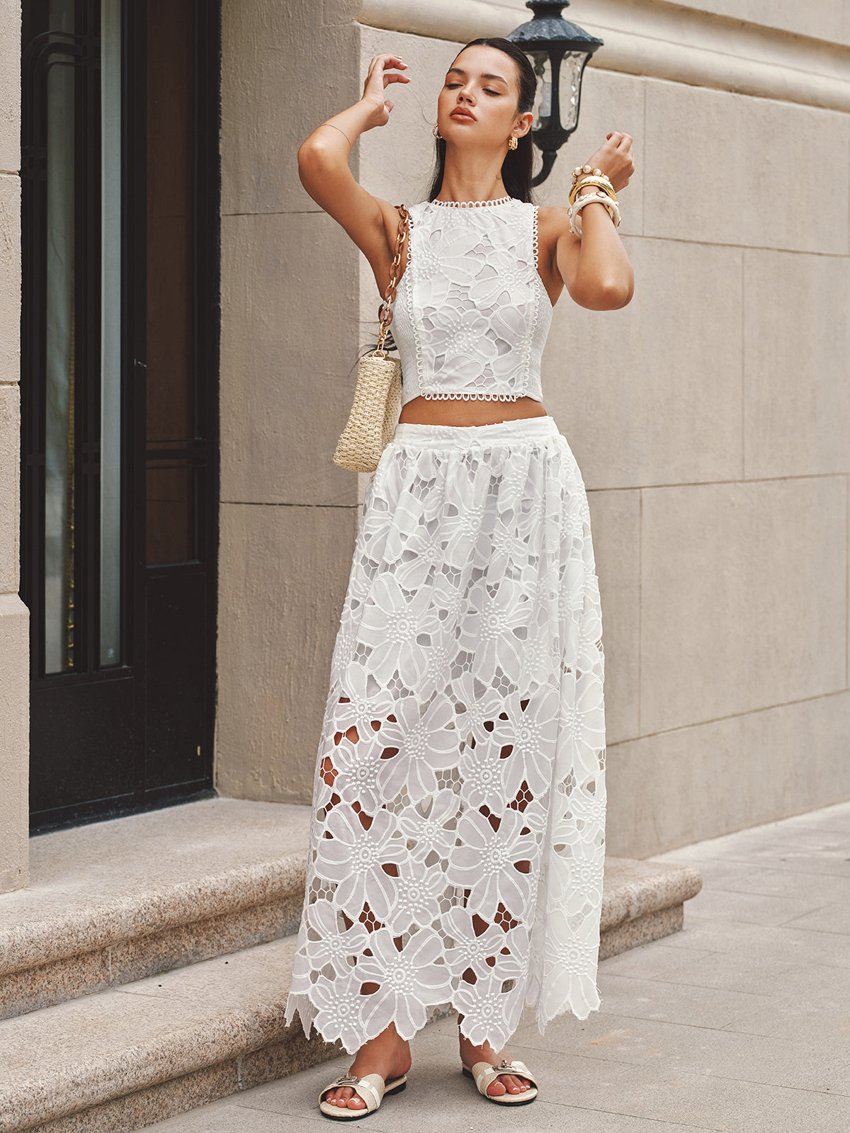 Guipure Lace Crop Top & Maxi Skirt Set for Weddings and Events