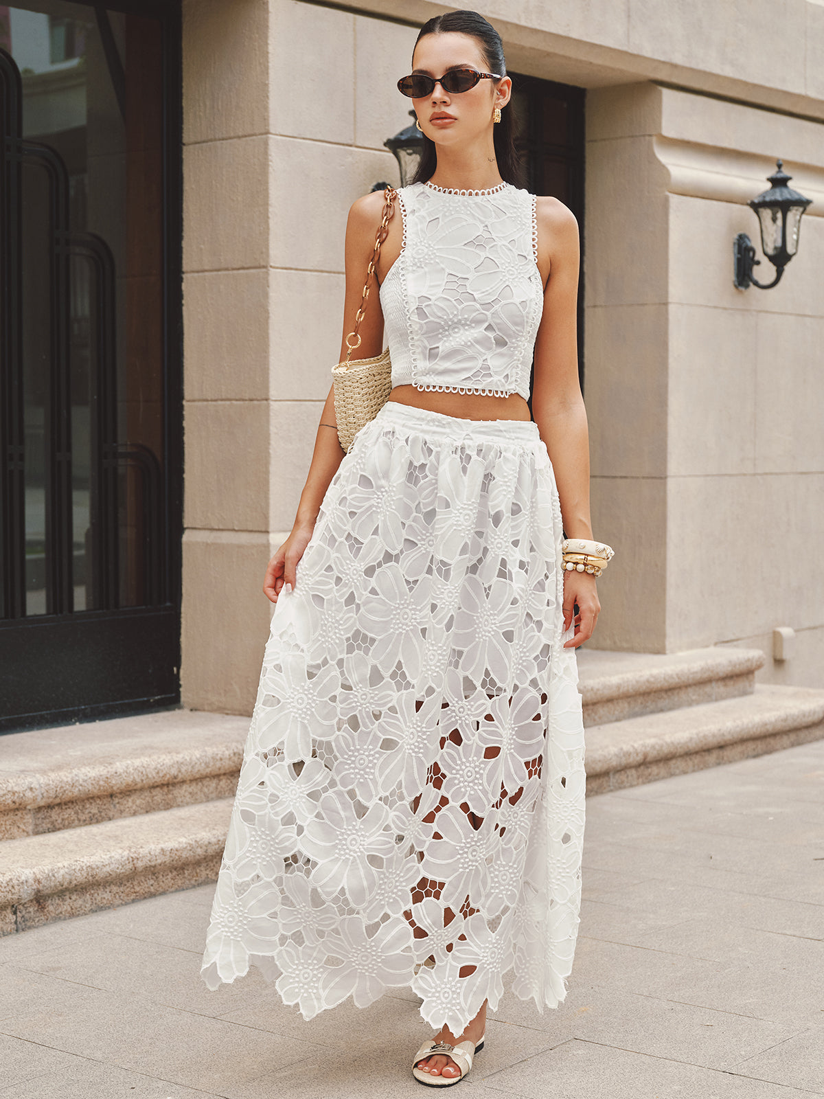 Guipure Lace Crop Top & Maxi Skirt Set for Weddings and Events