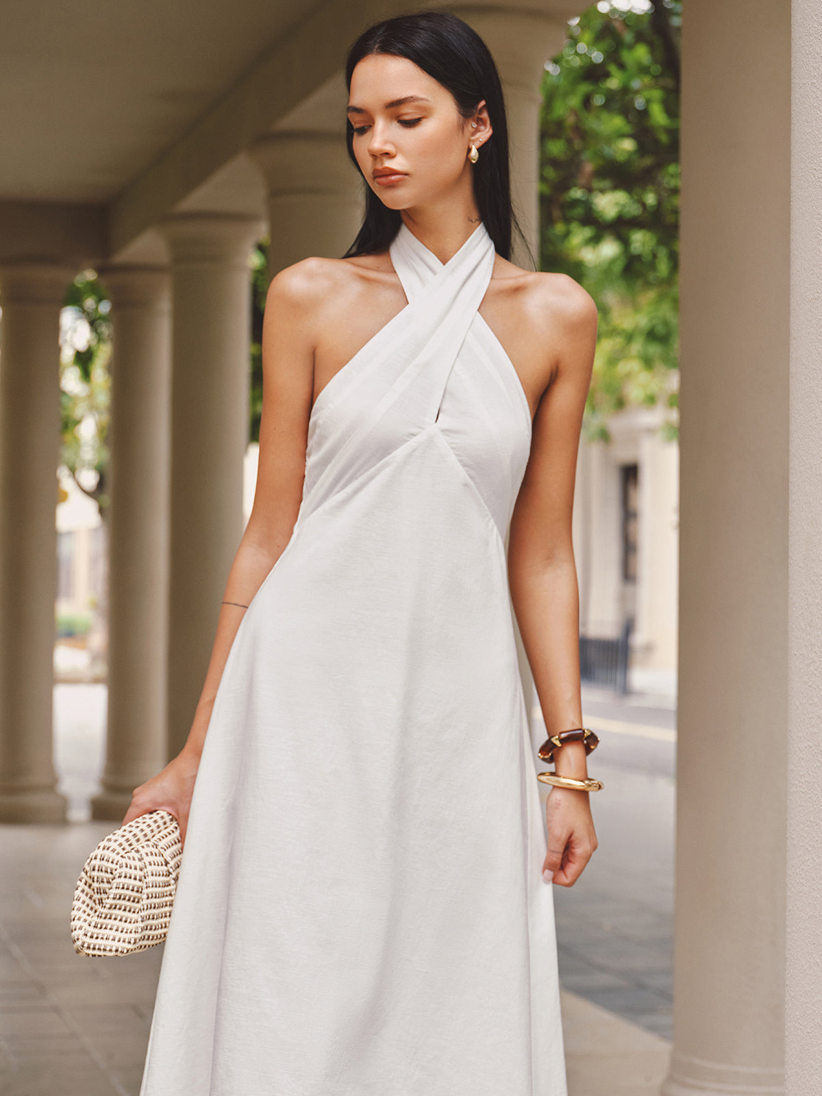 Cotton Linen Cross Halter Maxi Dress for Women Casual Summer