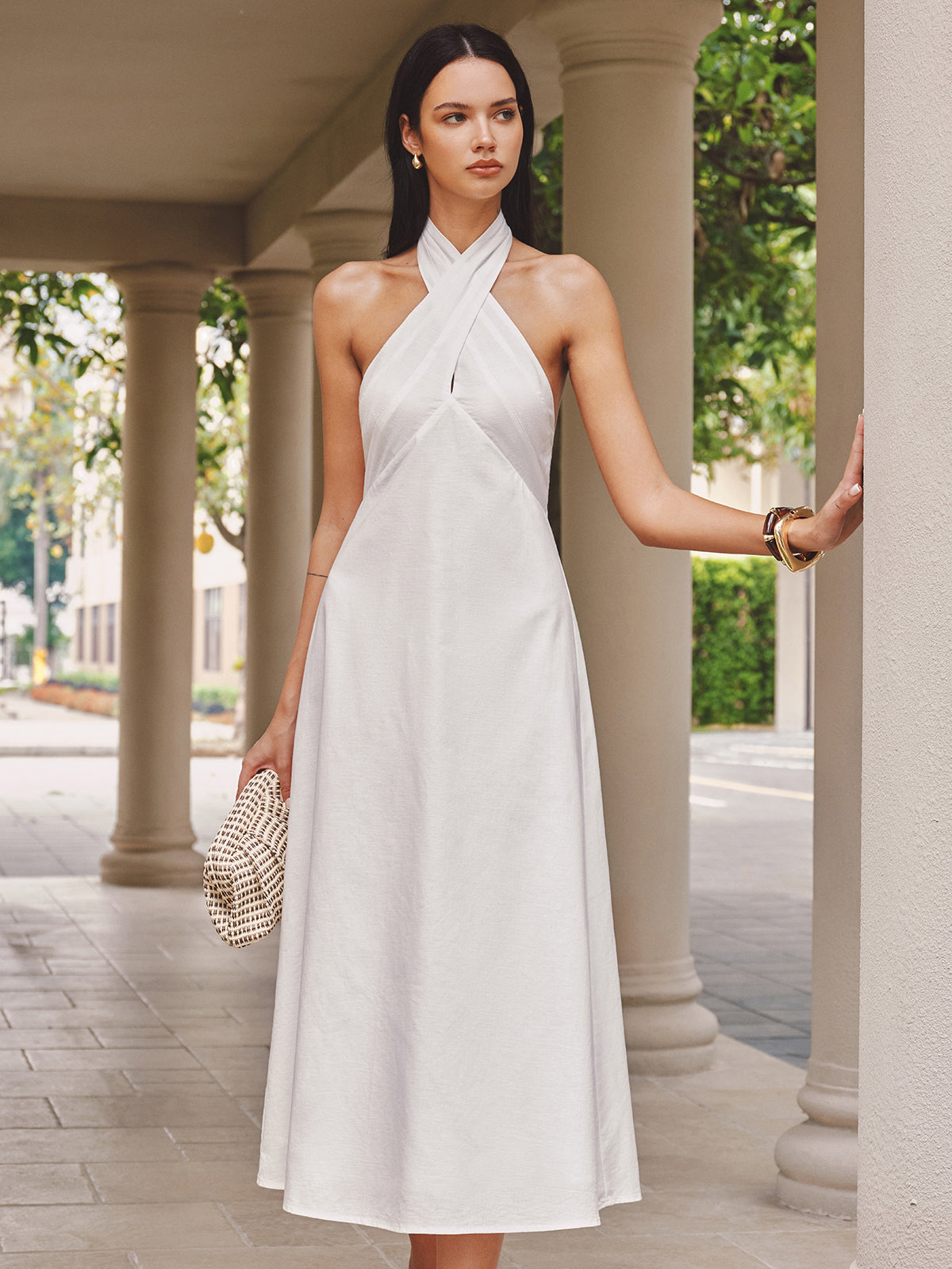 Cotton Linen Cross Halter Maxi Dress for Women Casual Summer