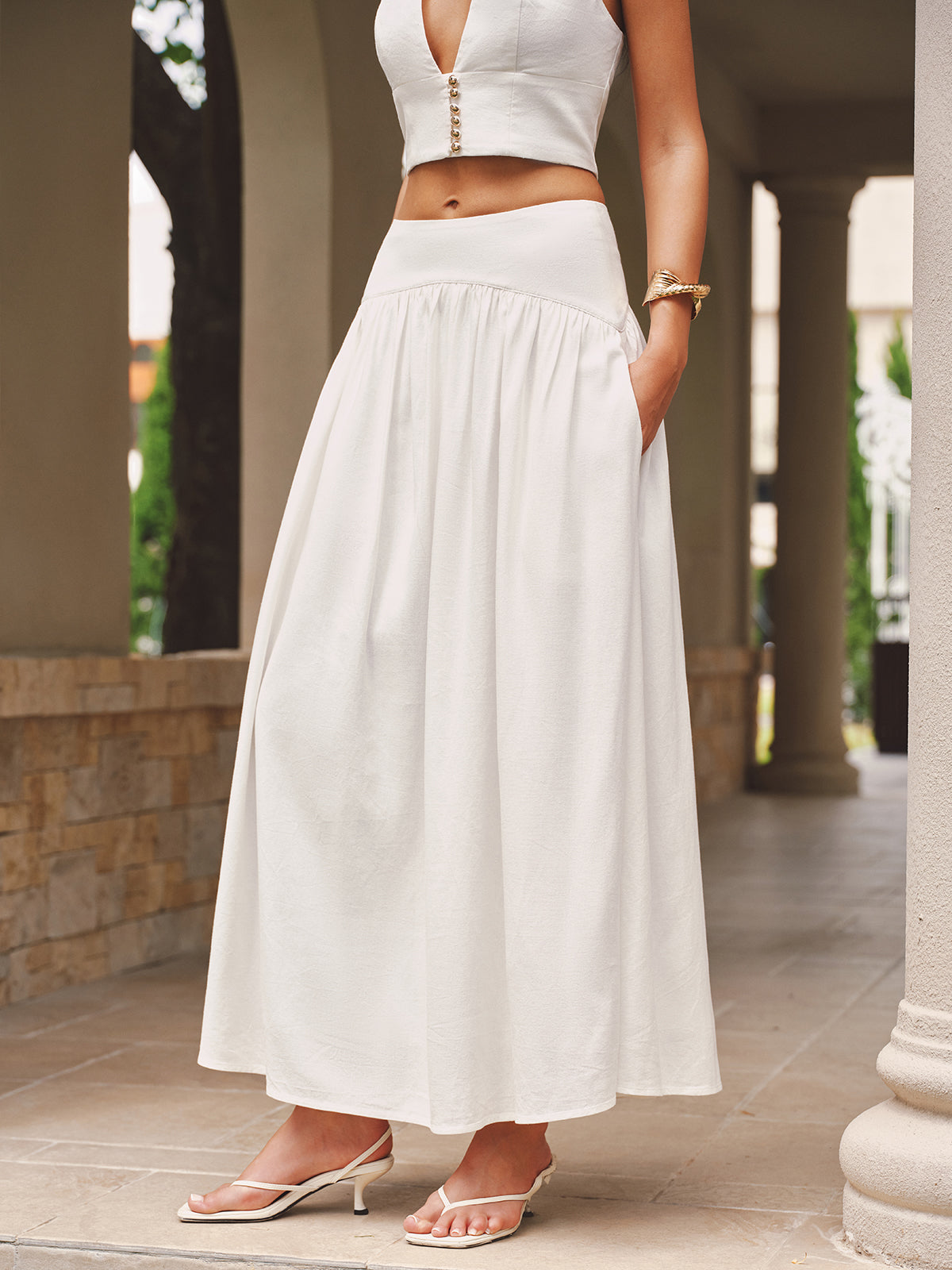 Linen-Blend Halter Top & Maxi Skirt Set Perfect for Summer Outfits