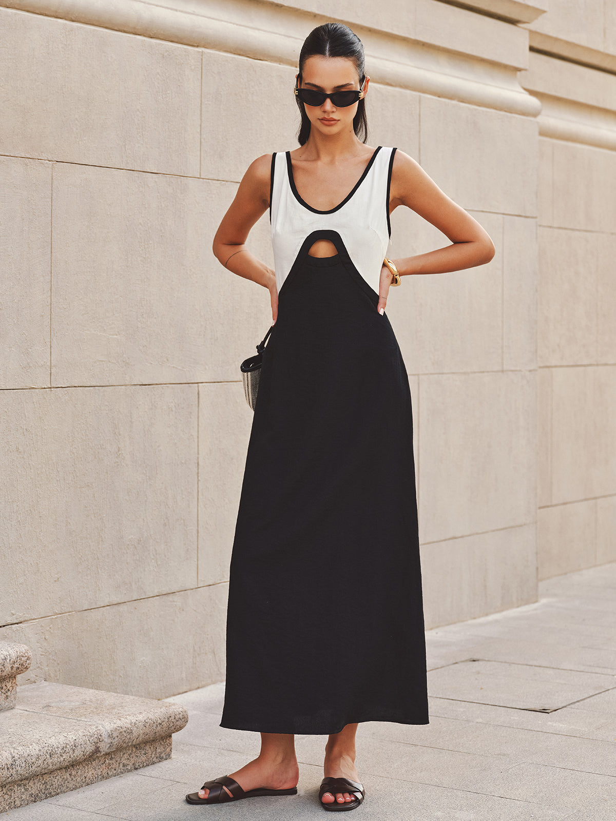 Cutout Color Block Sleeveless Maxi Dress Trendy Summer Style