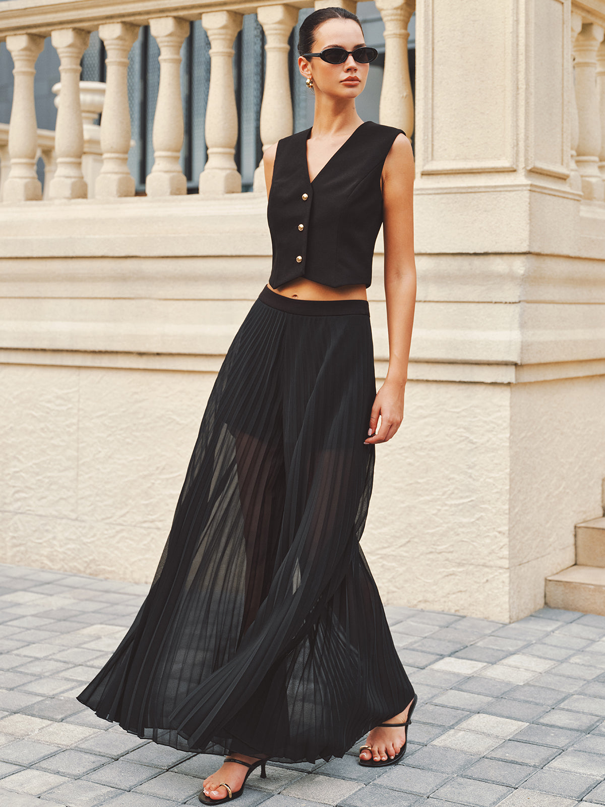Cropped Vest & Sheer Pleated Palazzo Pants Set for Women, Elegant Evening Wear