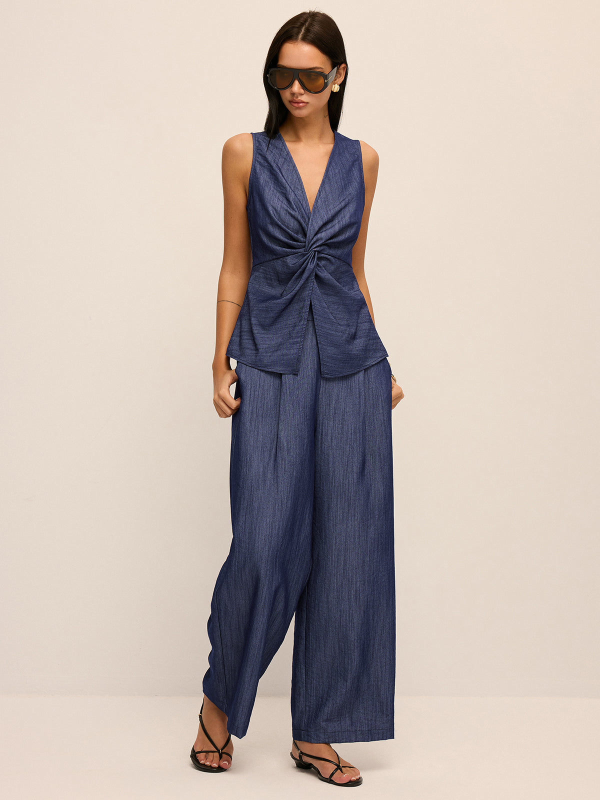 Twist Front Vest & Wide Leg Pants Set Women's Casual Outfit