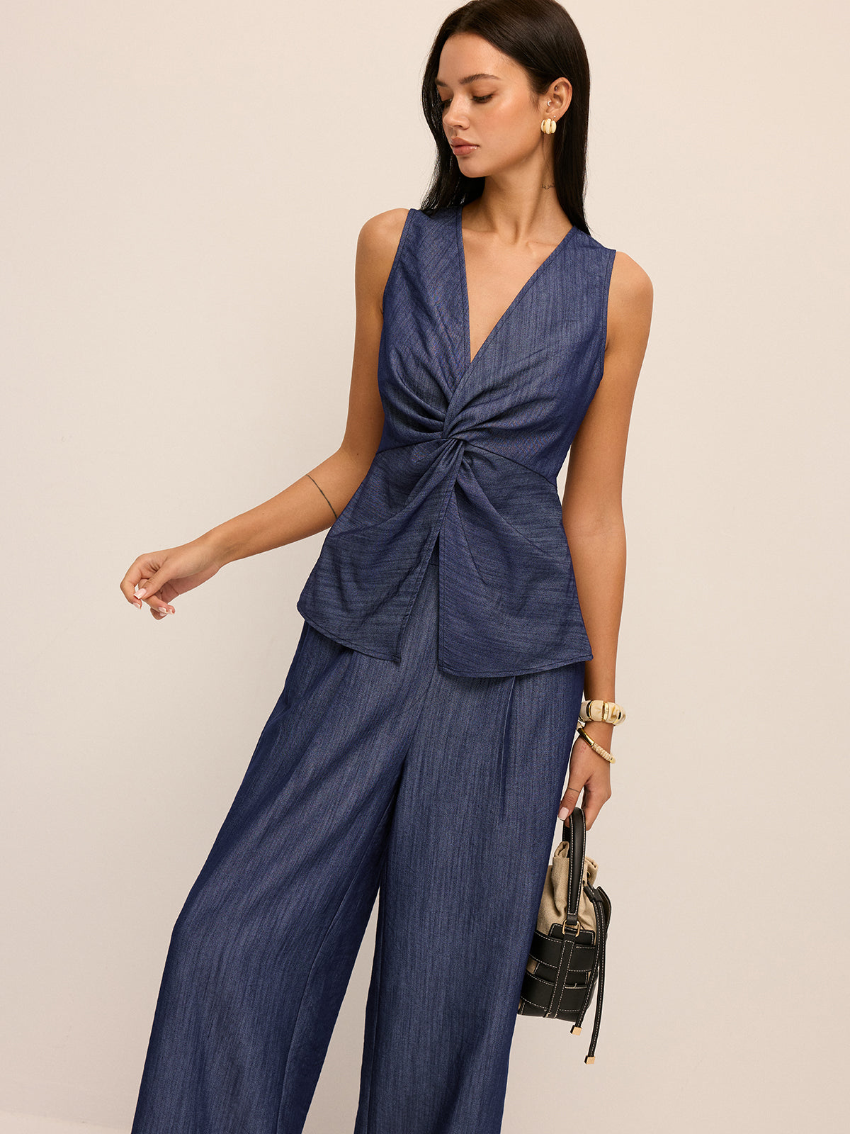 Twist Front Vest & Wide Leg Pants Set Women's Casual Outfit