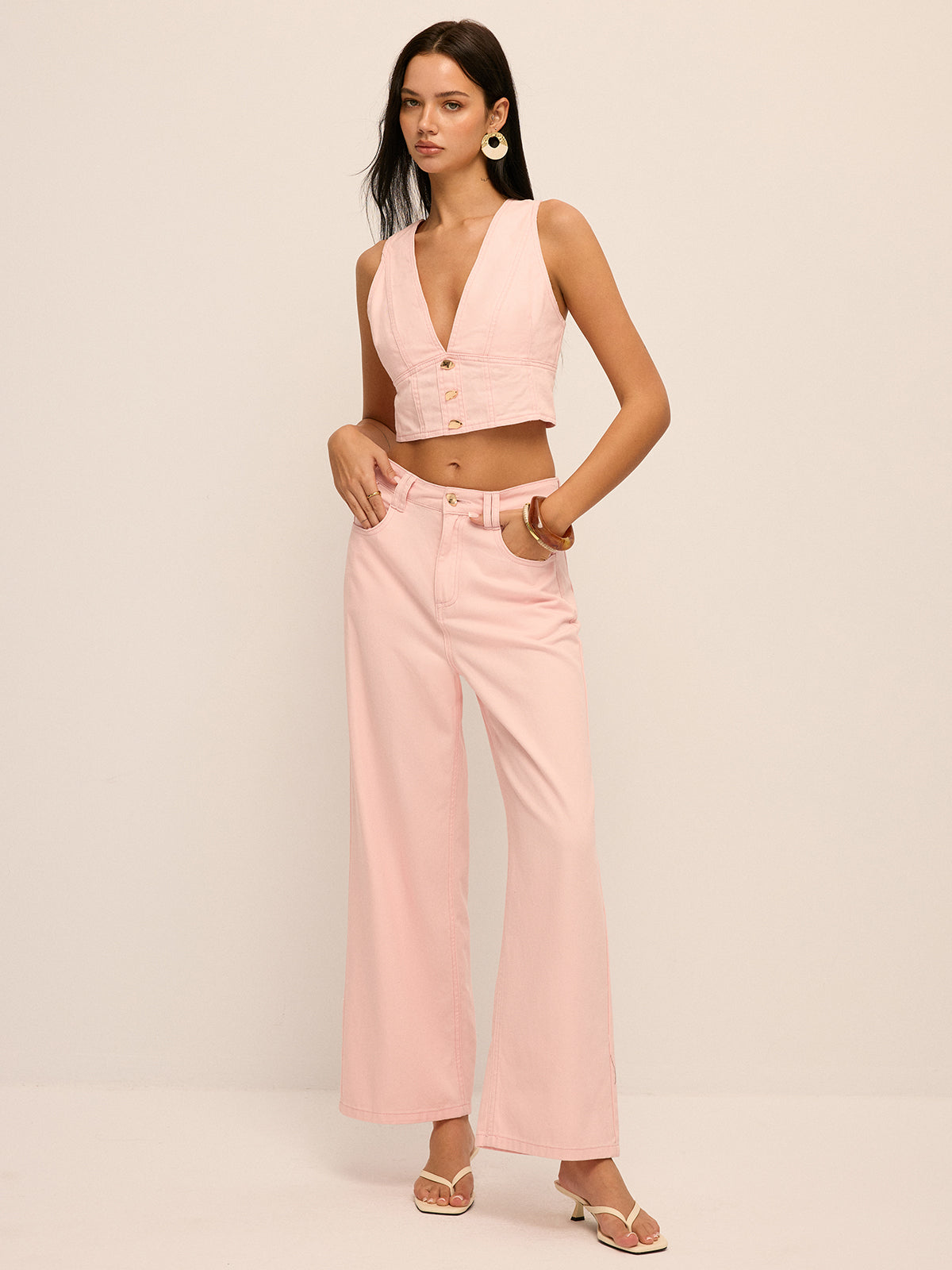 Deep V-Neck Cropped Denim Vest & Pants Set, Stylish Layered Casual Outfit