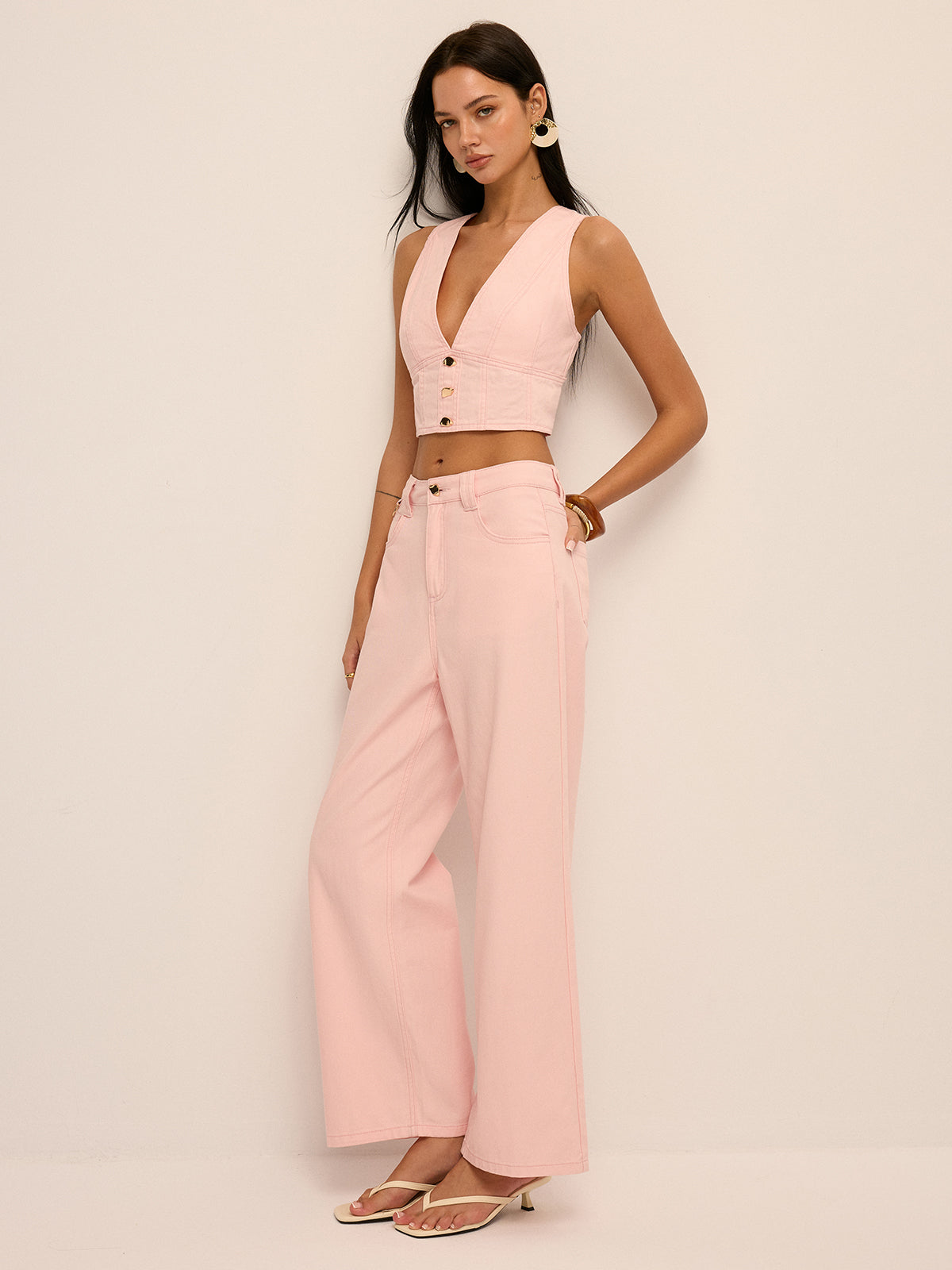 Deep V-Neck Cropped Denim Vest & Pants Set, Stylish Layered Casual Outfit
