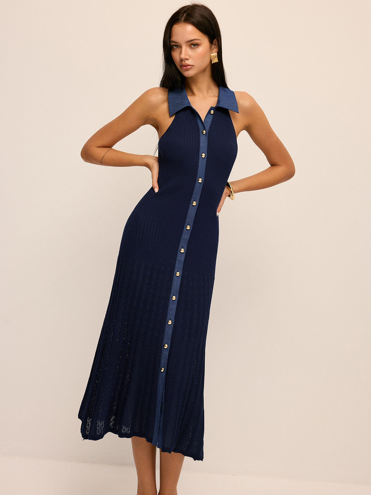 Ribbed Knit Button-Front Midi Dress with Long Sleeves and V-Neck