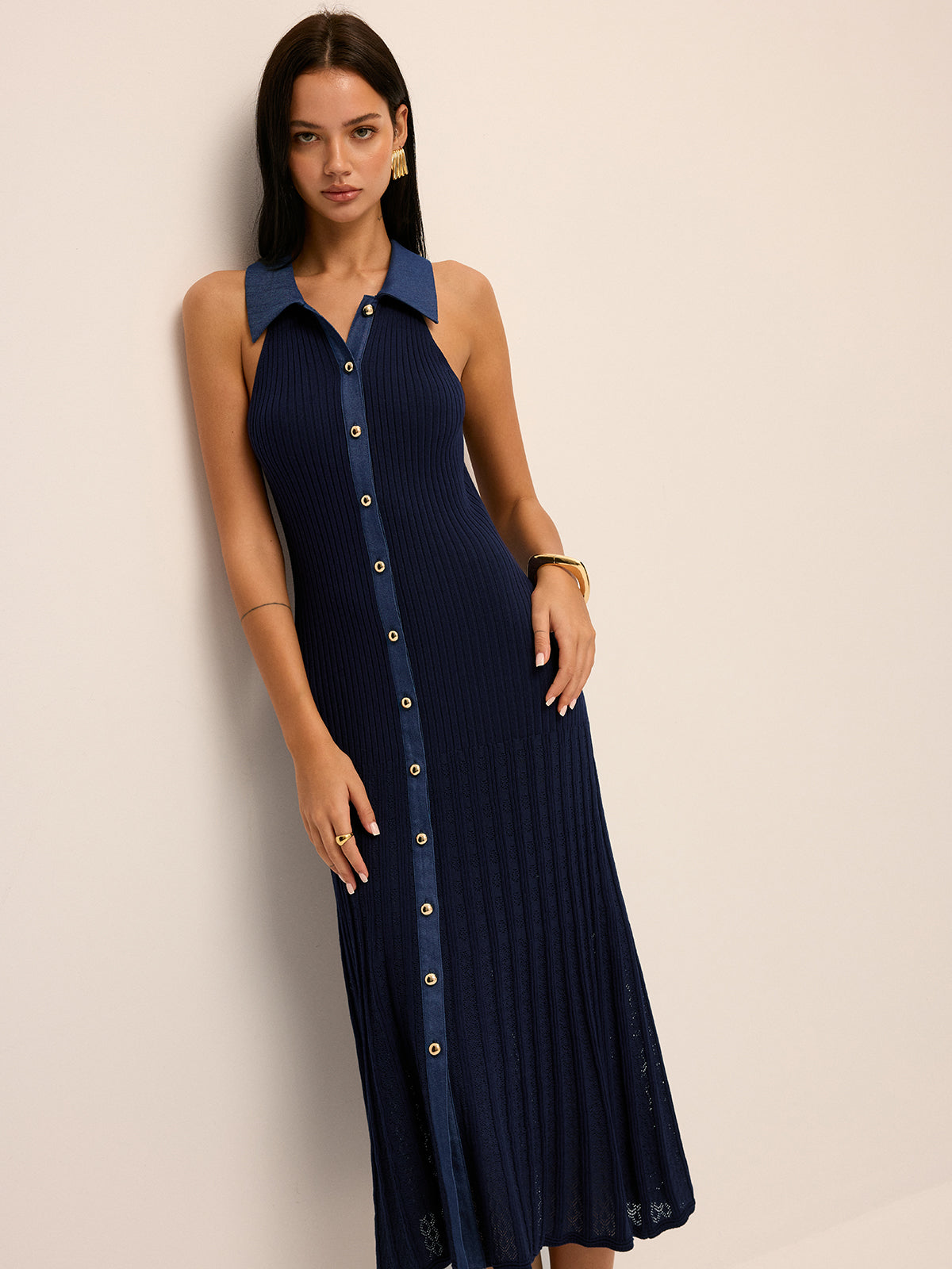 Ribbed Knit Button-Front Midi Dress with Long Sleeves and V-Neck