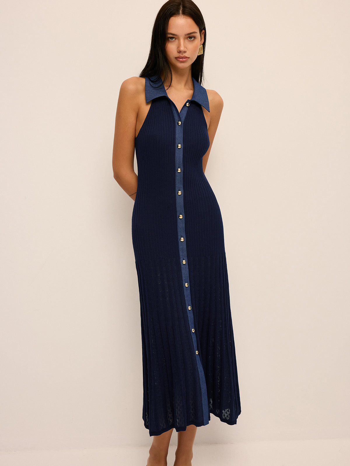 Ribbed Knit Button-Front Midi Dress with Long Sleeves and V-Neck