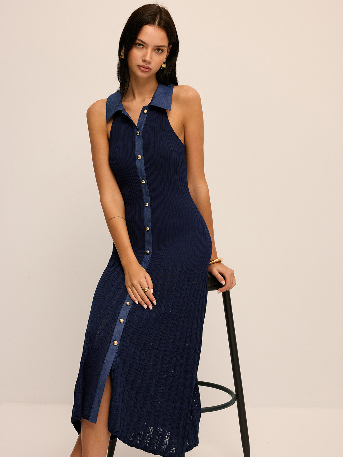 Ribbed Knit Button-Front Midi Dress with Long Sleeves and V-Neck