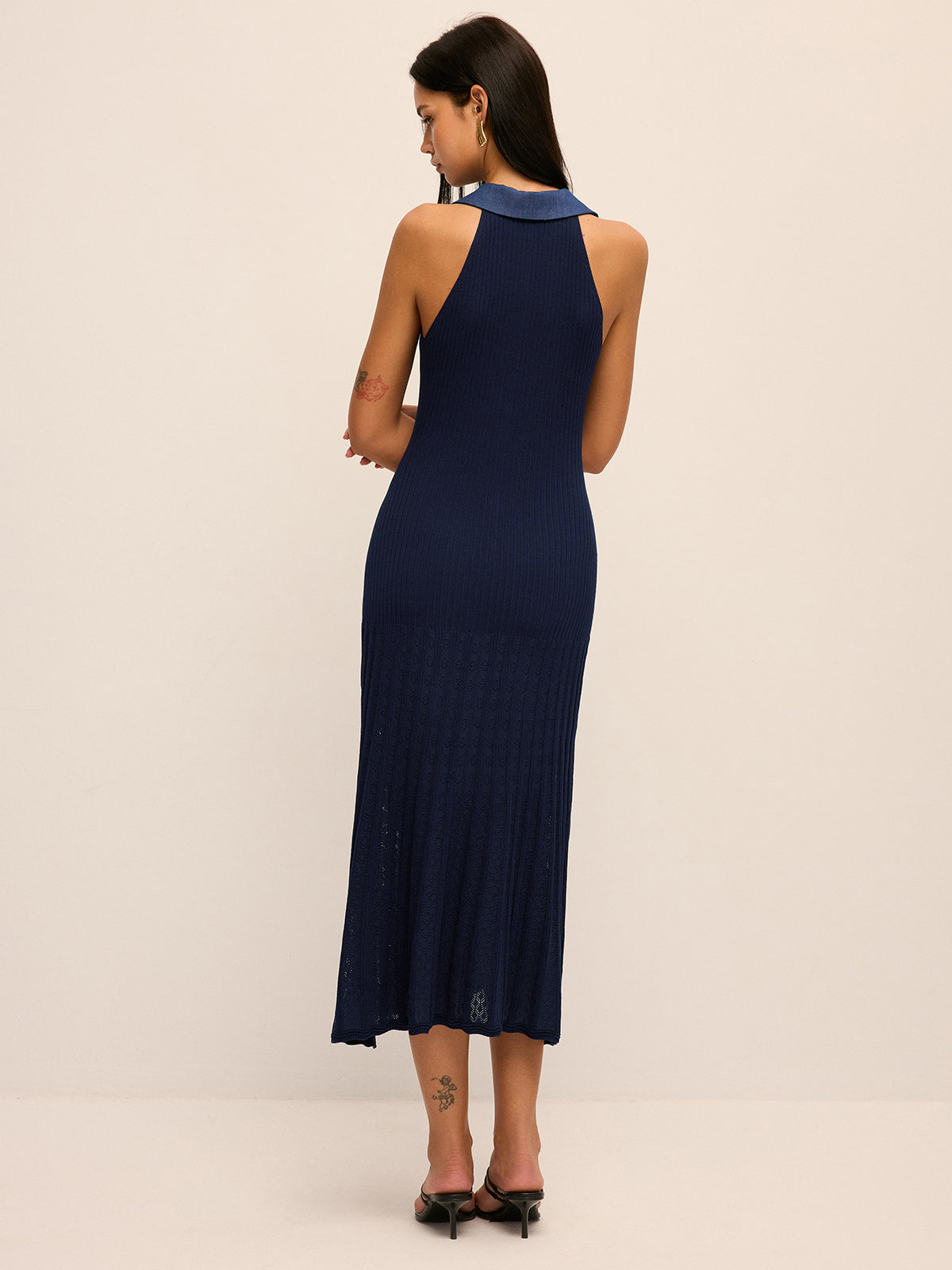 Ribbed Knit Button-Front Midi Dress with Long Sleeves and V-Neck