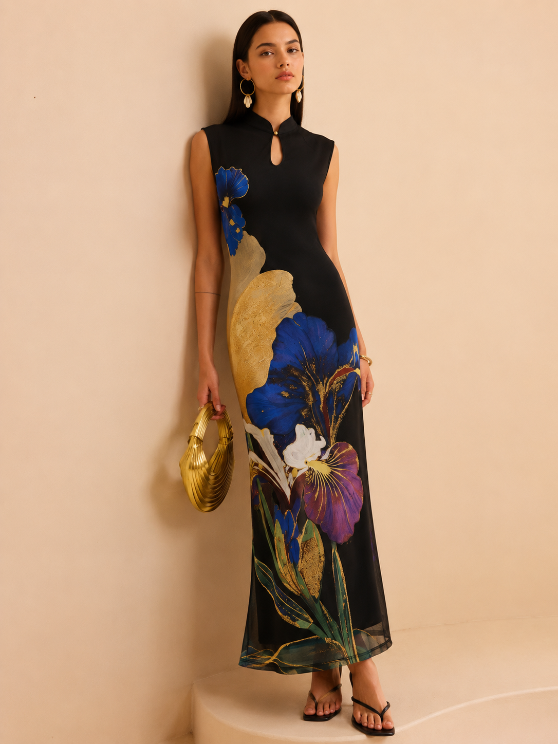 Iris Floral Print Mesh Sleeveless Maxi Dress for Women Summer Collection