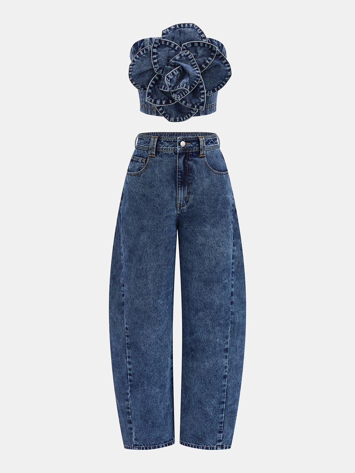 3D Rose Applique Denim Tube Top Vintage Inspired Casual Fit