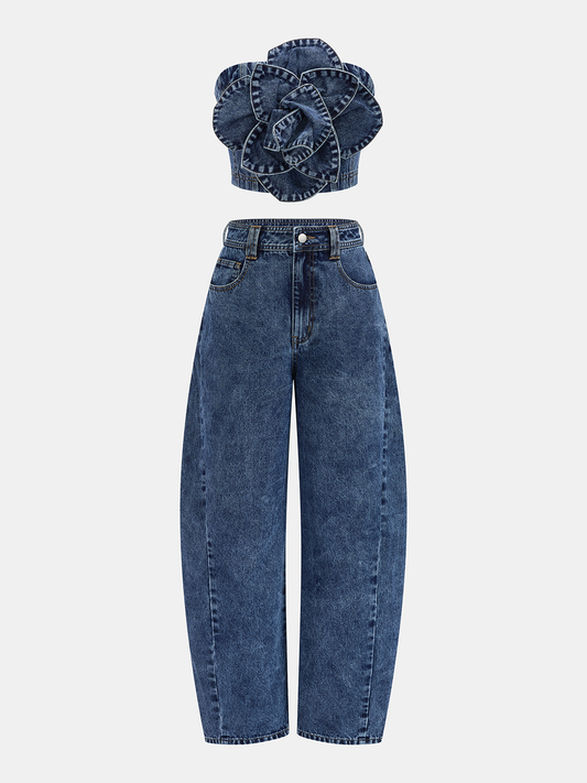 3D Rose Applique Denim Tube Top Vintage Inspired Casual Fit