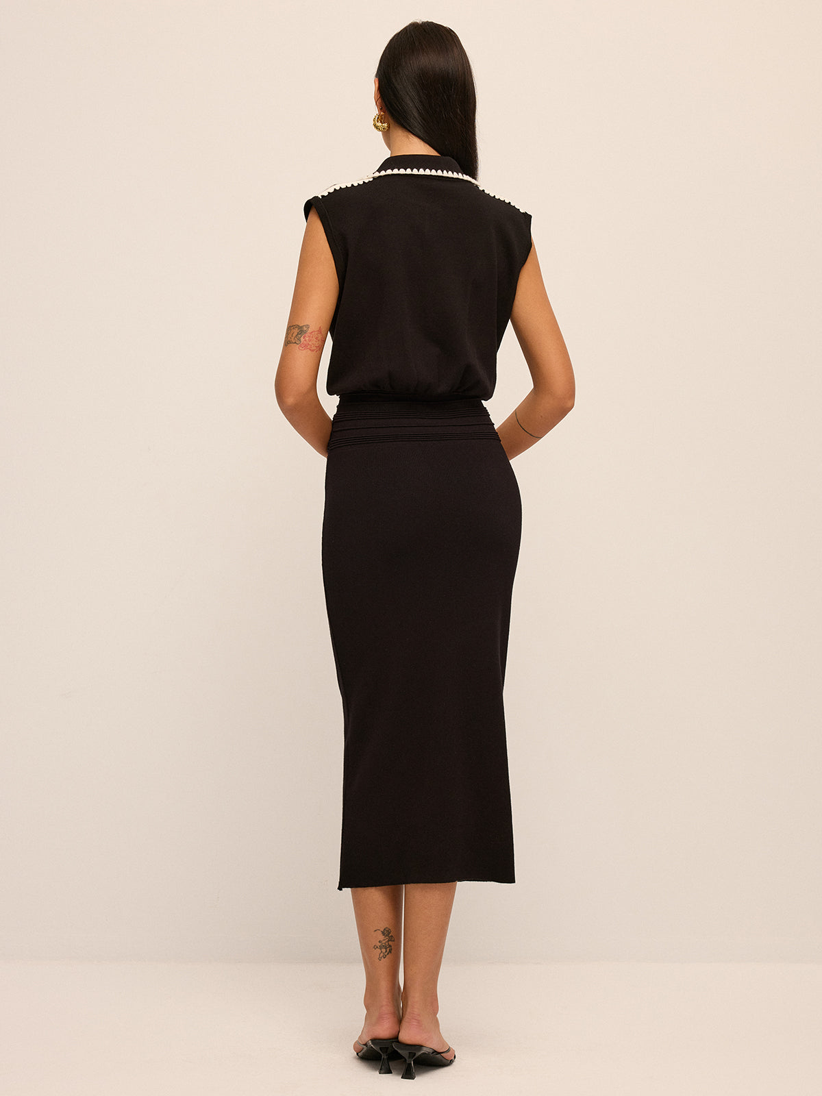 Contrast Trim Collared Smocked Waist Knit Dress for Women