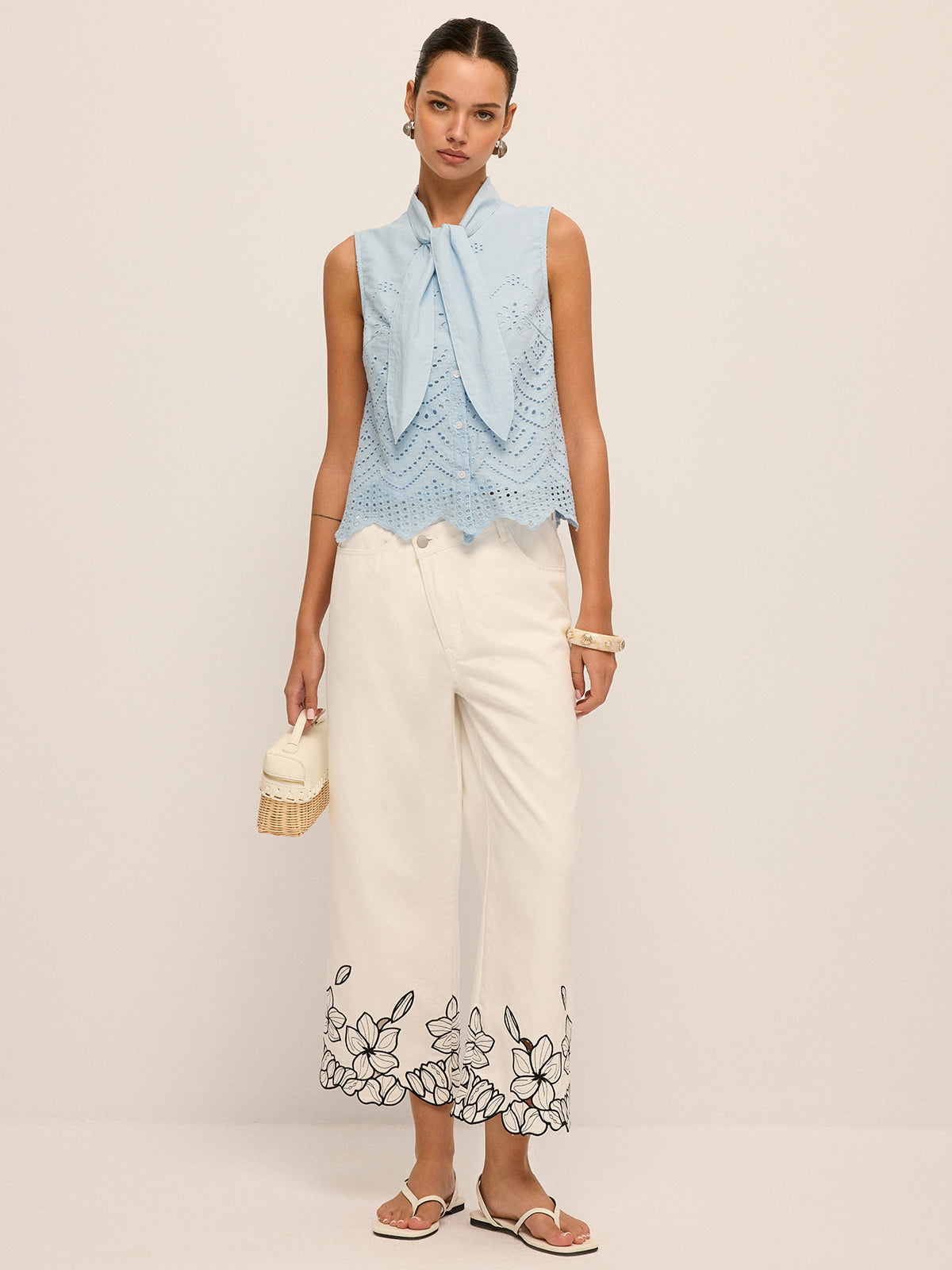 Tie-Neck Eyelet Embroidery Sleeveless Blouse for Women Summer Casual Fashion