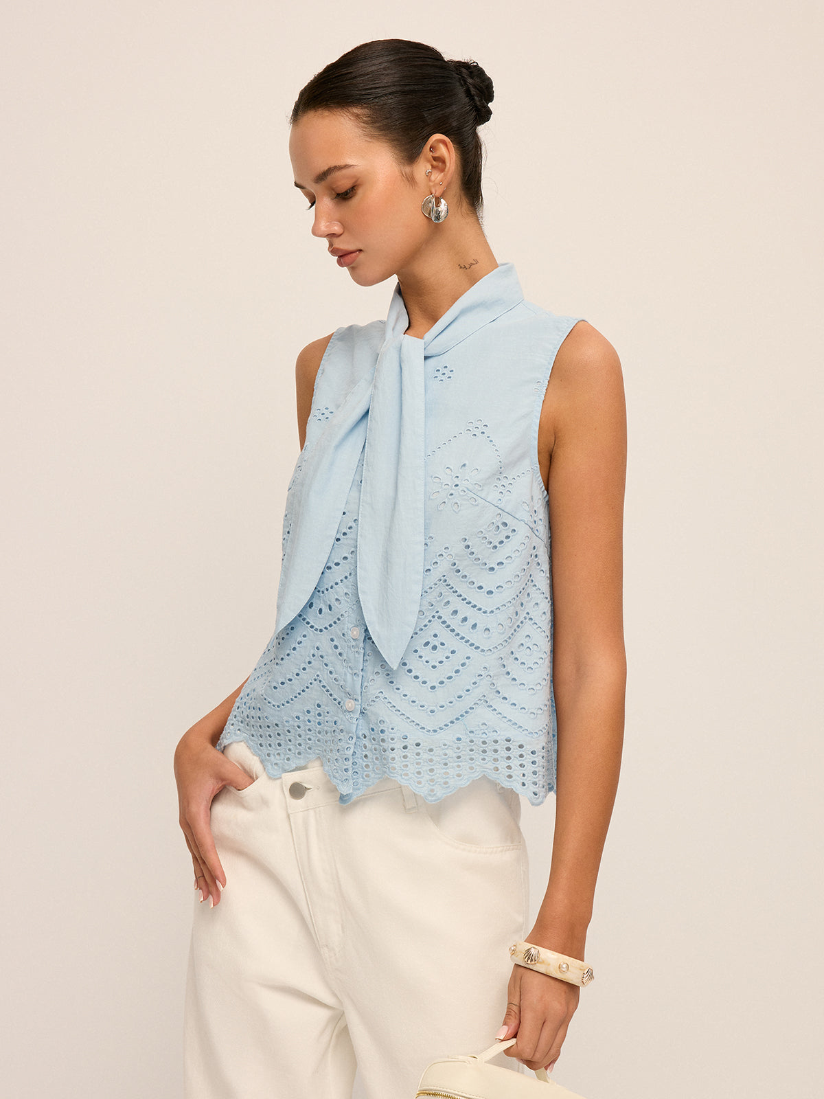 Tie-Neck Eyelet Embroidery Sleeveless Blouse for Women Summer Casual Fashion