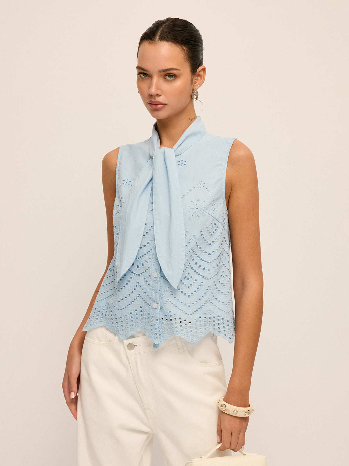 Tie-Neck Eyelet Embroidery Sleeveless Blouse for Women Summer Casual Fashion