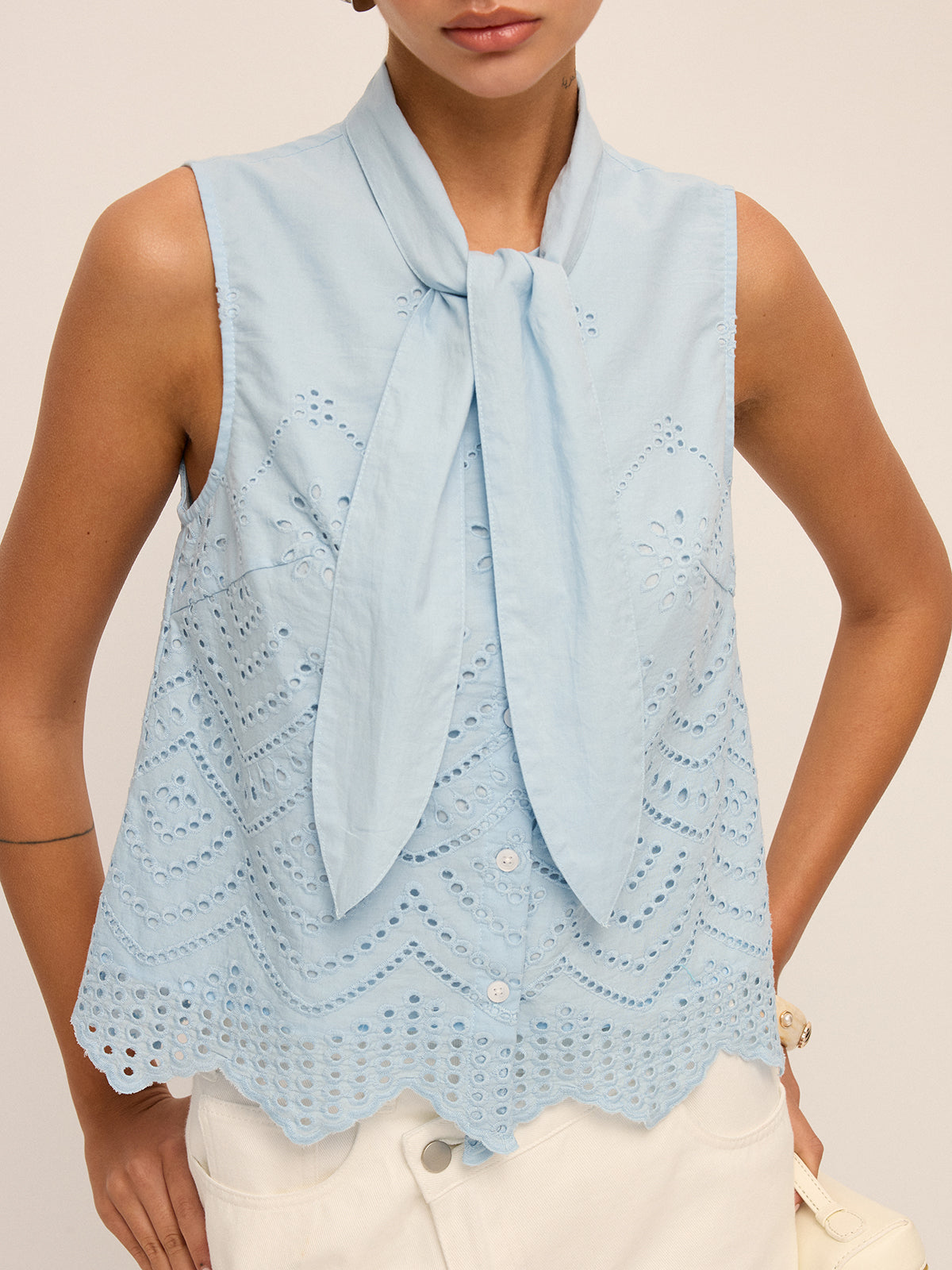 Tie-Neck Eyelet Embroidery Sleeveless Blouse for Women Summer Casual Fashion
