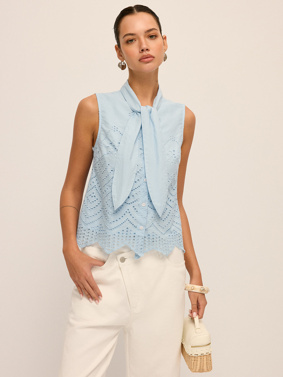 Tie-Neck Eyelet Embroidery Sleeveless Blouse for Women Summer Casual Fashion