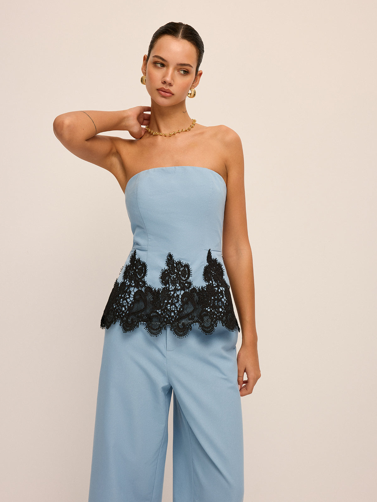 Lace Hem Strapless Top & Pants Set for Women's Evening Wear