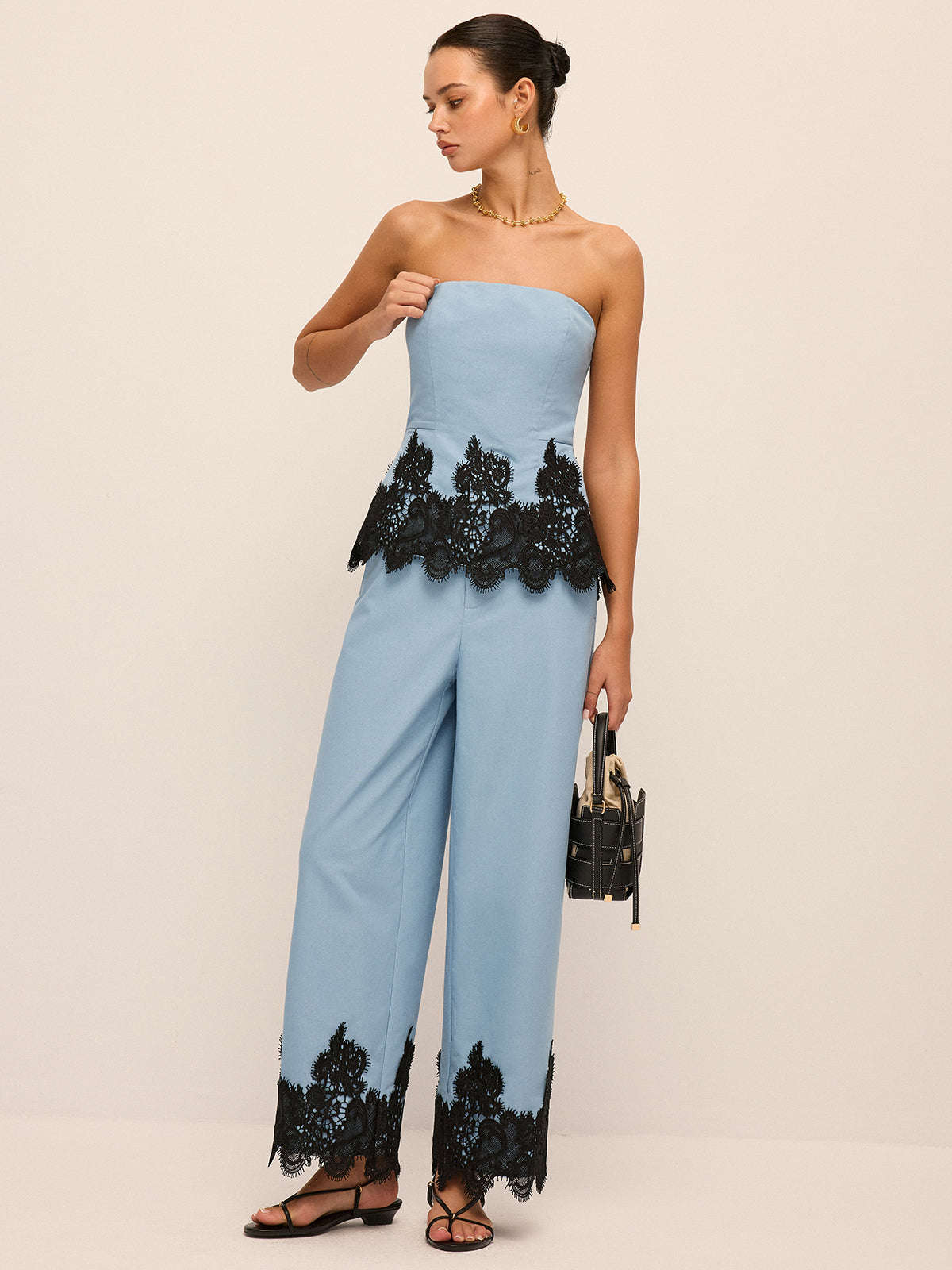 Lace Hem Strapless Top & Pants Set for Women's Evening Wear