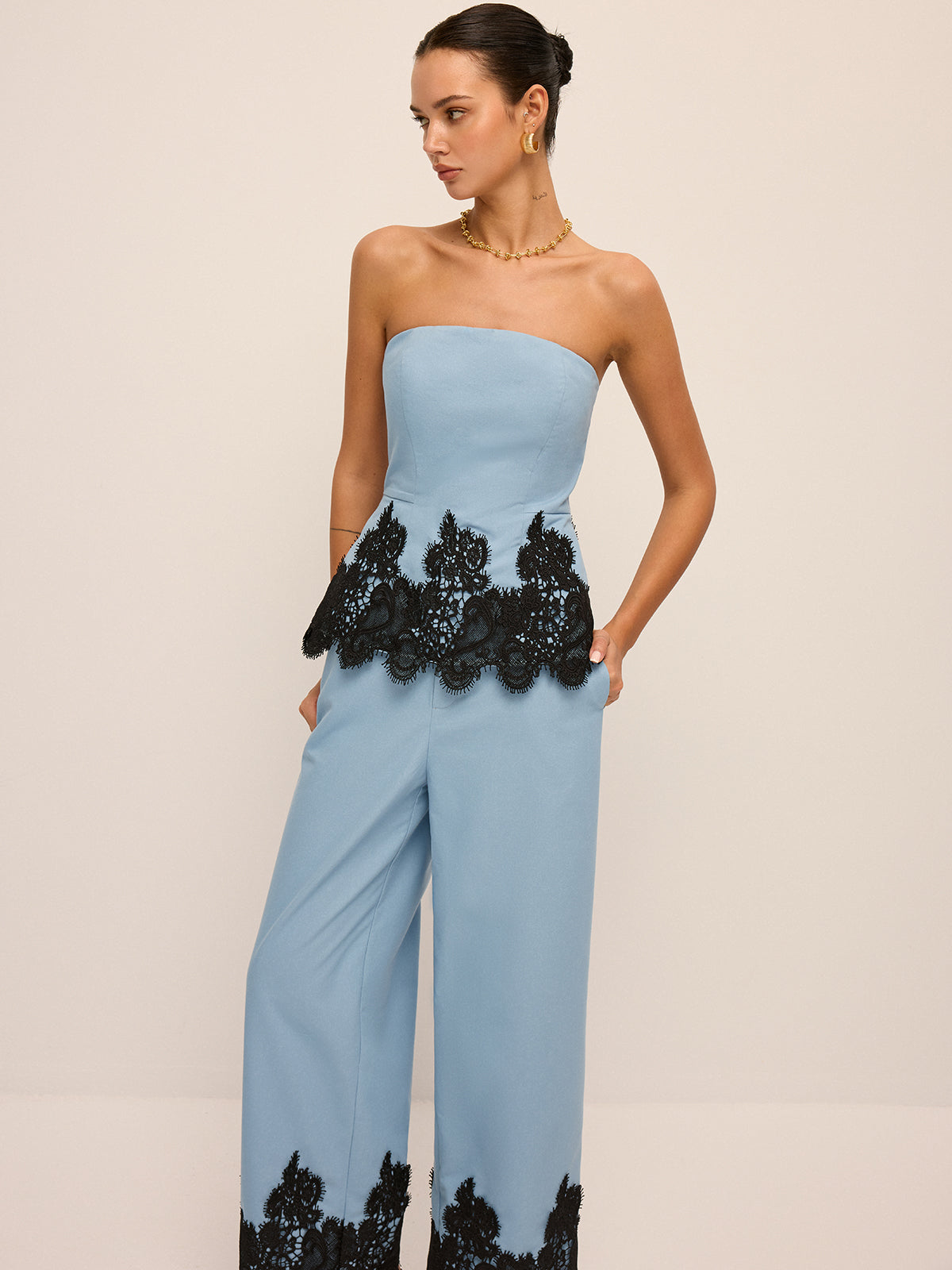 Lace Hem Strapless Top & Pants Set for Women's Evening Wear