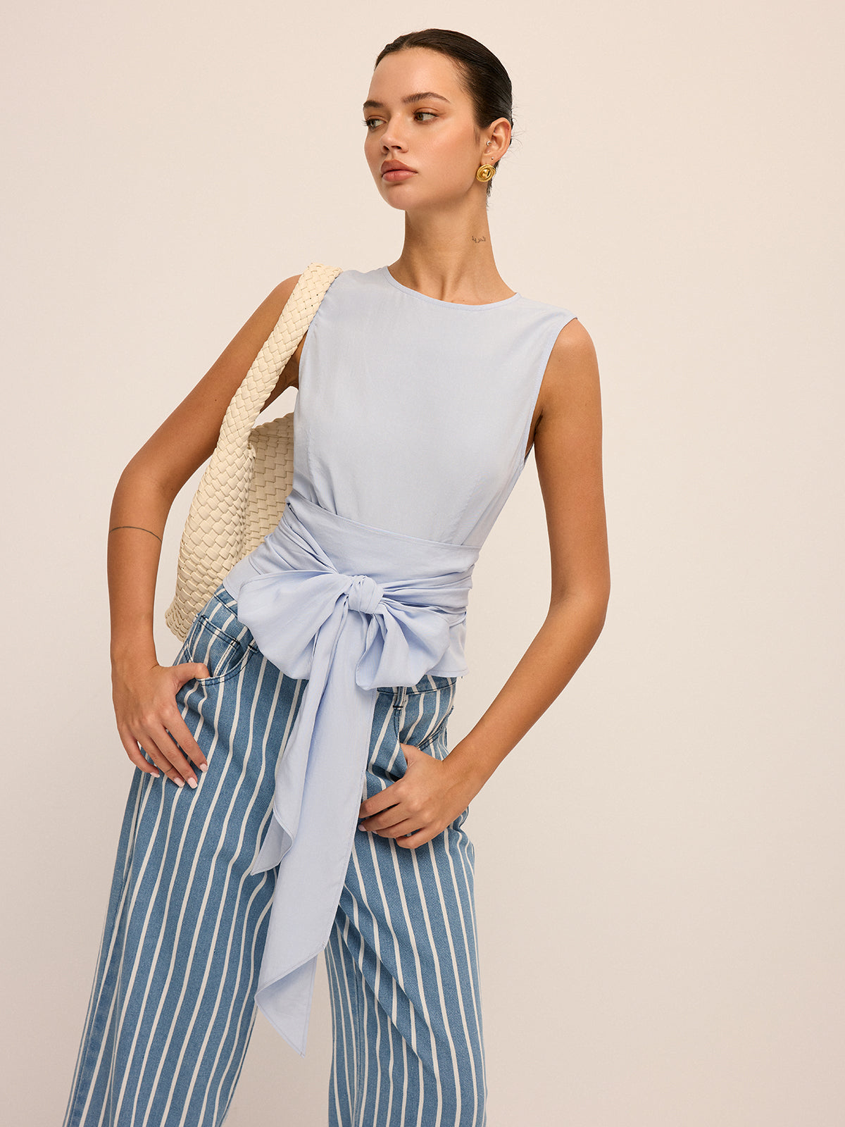 Large Bow Waist Tencel-Blend Sleeveless Top for Women Summer Chic