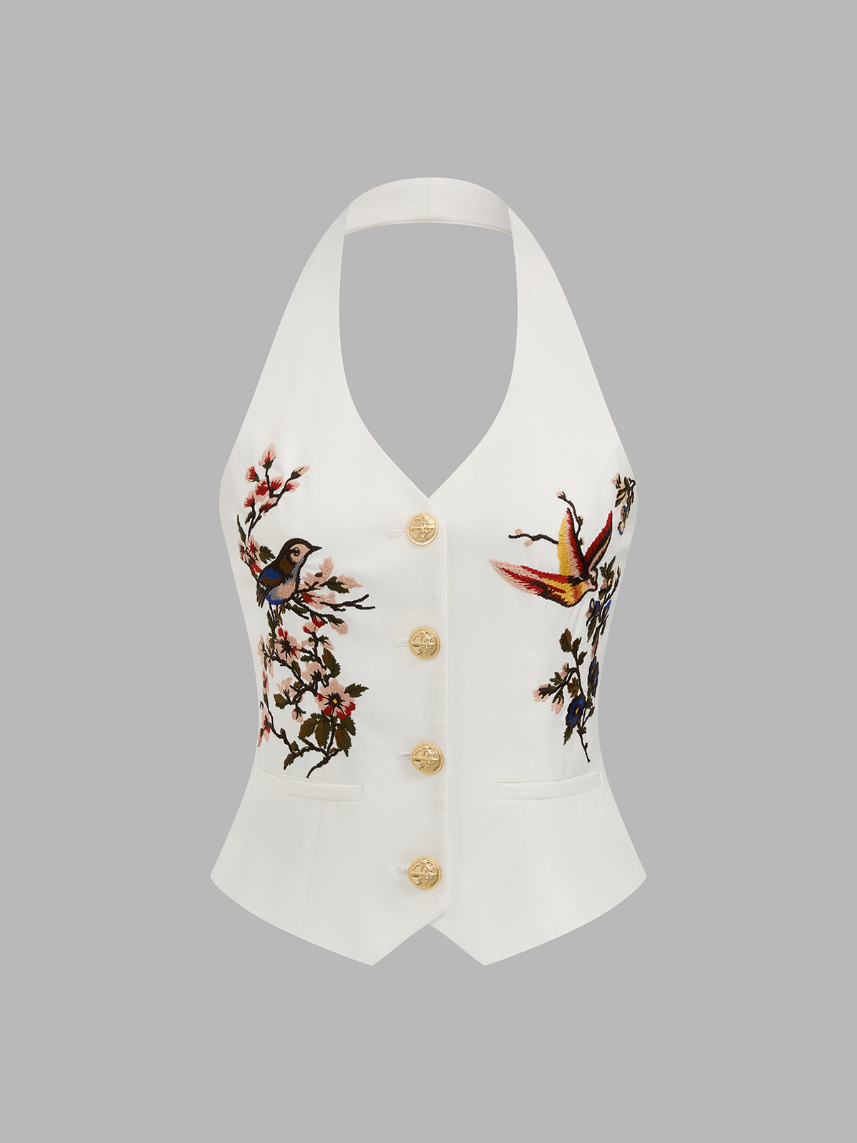 Embroidered Linen Blend Halter Top & Pants Set for Women, Summer Outfit