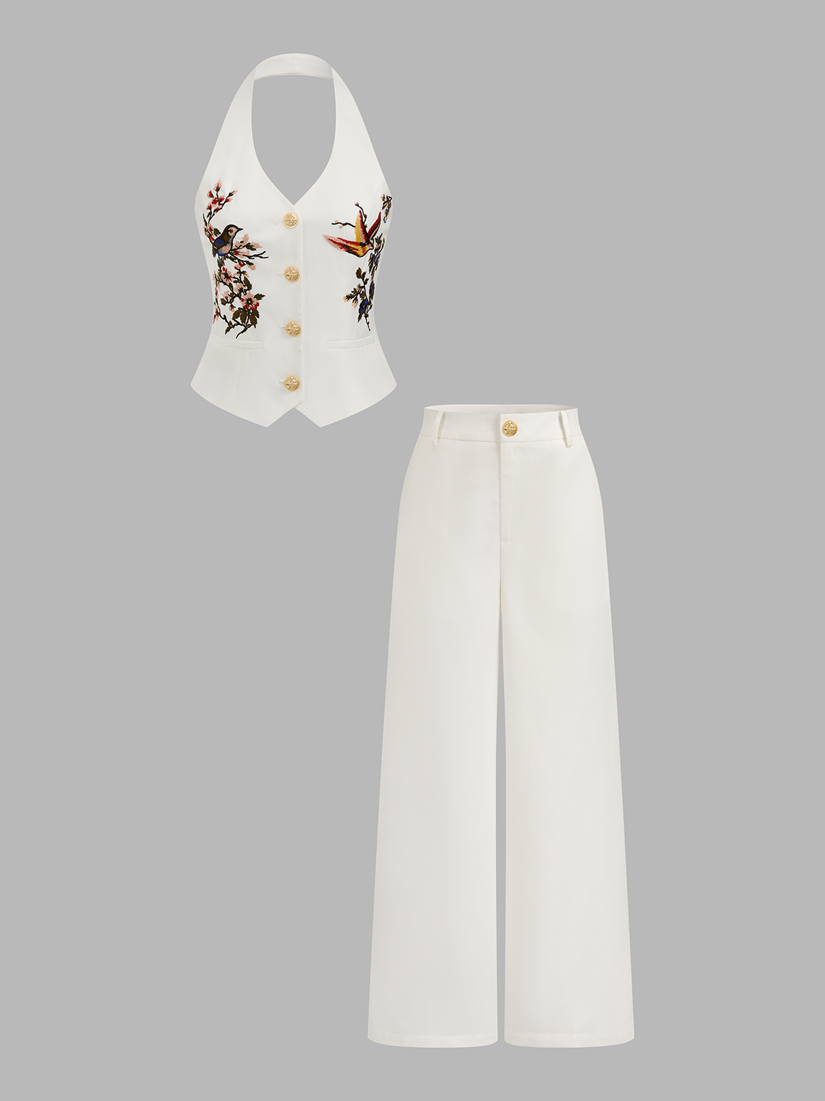 Embroidered Linen Blend Halter Top & Pants Set for Women, Summer Outfit