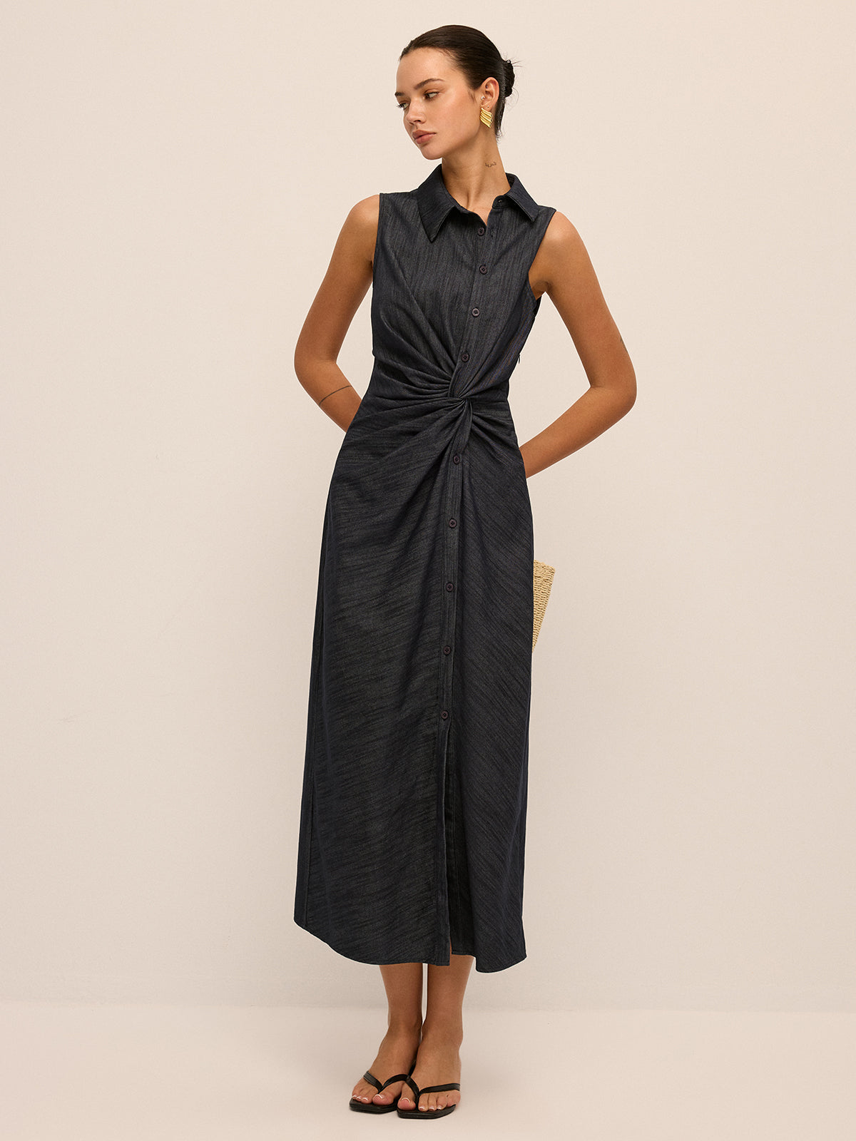Denim Twist-Front Sleeveless Shirt Dress for Women Casual Summer Style