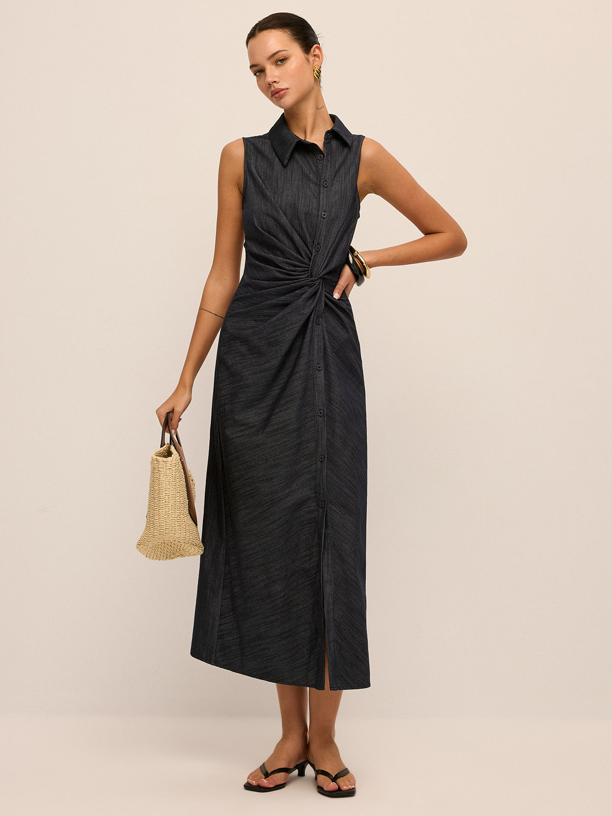 Denim Twist-Front Sleeveless Shirt Dress for Women Casual Summer Style