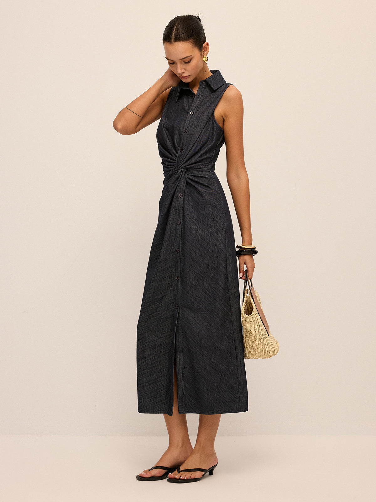 Denim Twist-Front Sleeveless Shirt Dress for Women Casual Summer Style