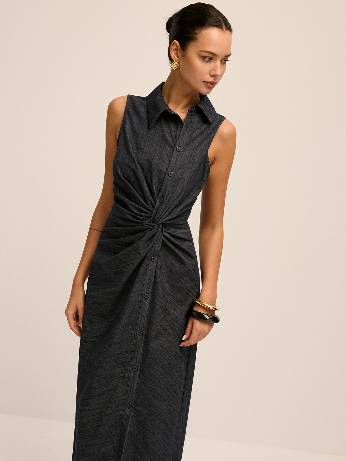 Denim Twist-Front Sleeveless Shirt Dress for Women Casual Summer Style