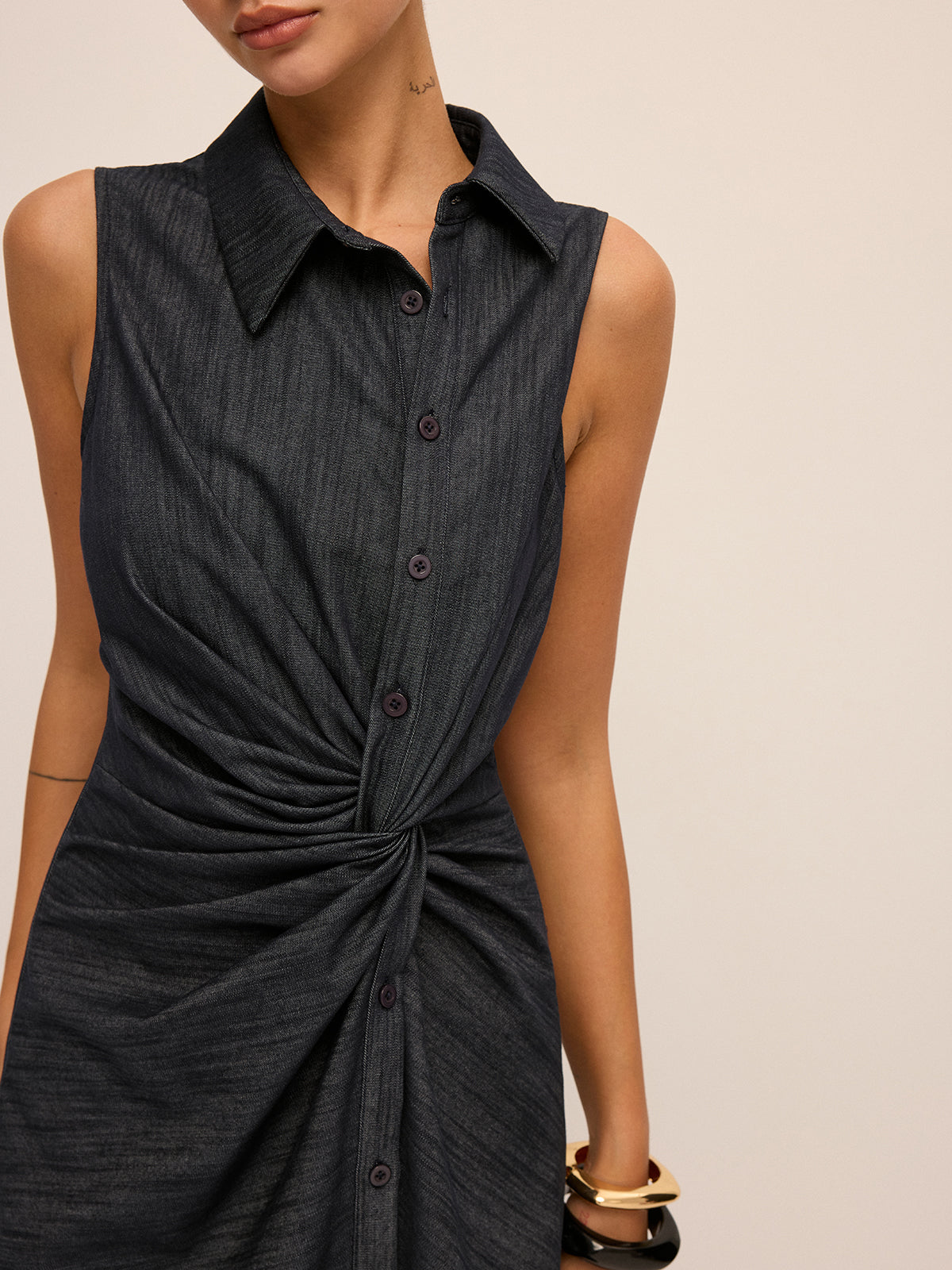 Denim Twist-Front Sleeveless Shirt Dress for Women Casual Summer Style
