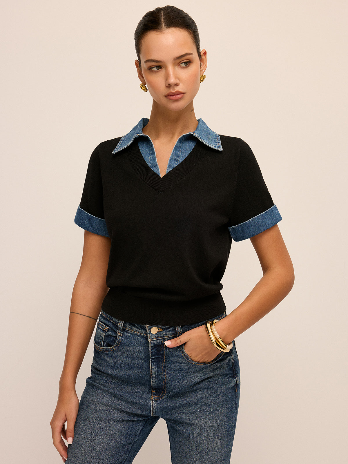 Optimized Title: Women's Denim Collar Short Sleeve Knit Blouse Comfortable Casual Top