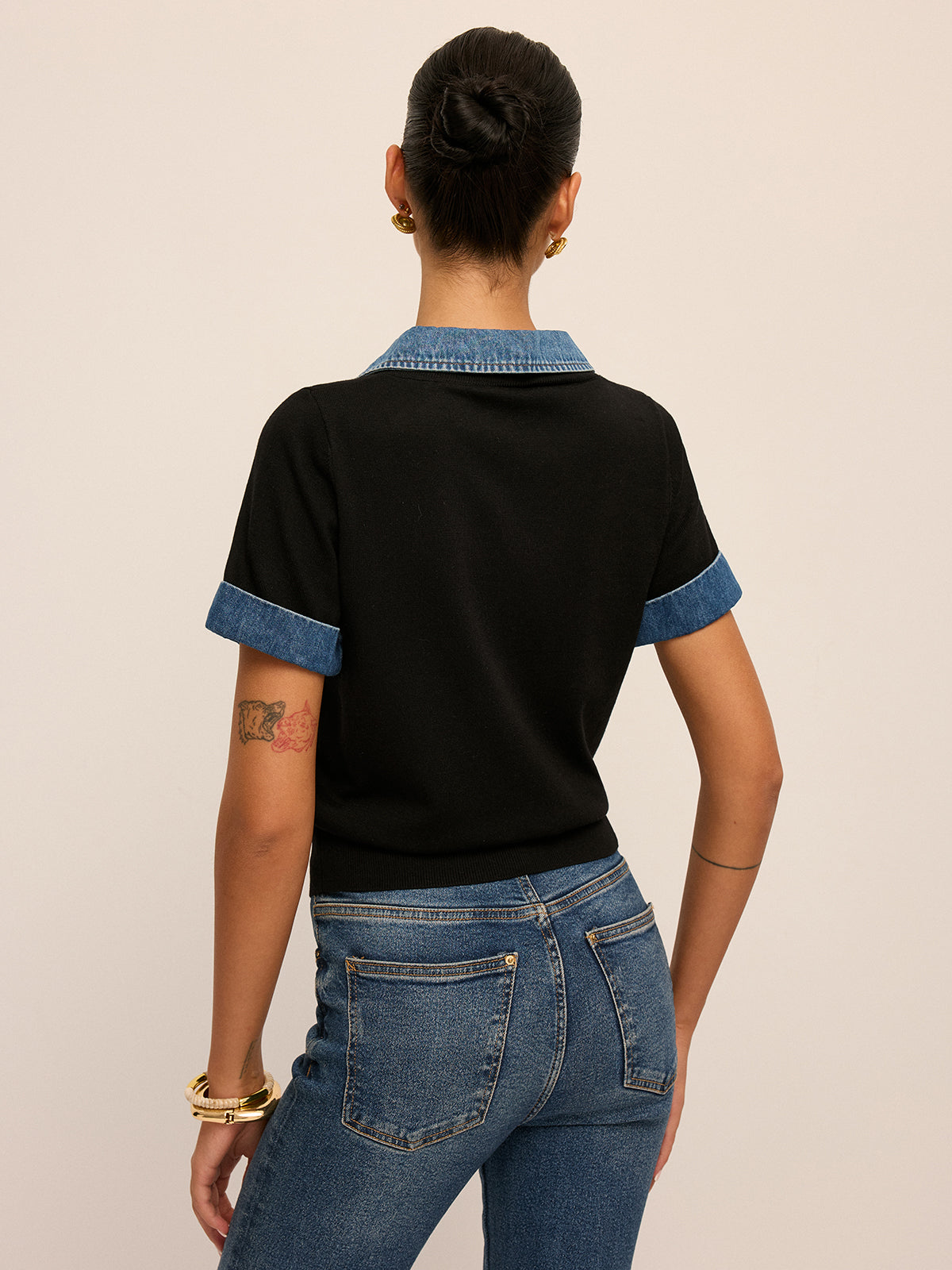 Optimized Title: Women's Denim Collar Short Sleeve Knit Blouse Comfortable Casual Top