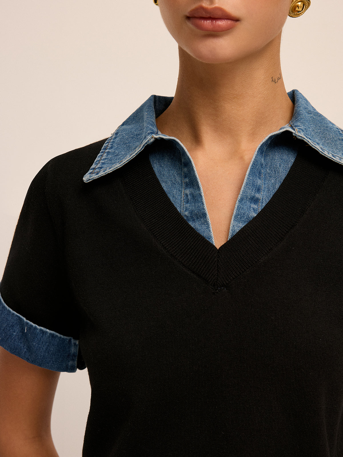 Optimized Title: Women's Denim Collar Short Sleeve Knit Blouse Comfortable Casual Top