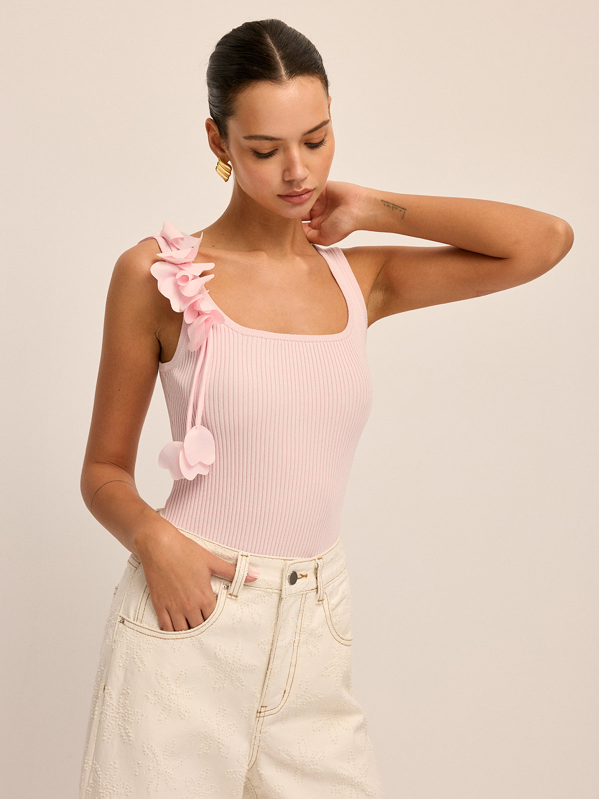 3D Floral Strap Ribbed Knit Tank Top for Women Spring Summer Fashion