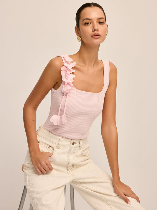 3D Floral Strap Ribbed Knit Tank Top for Women Spring Summer Fashion