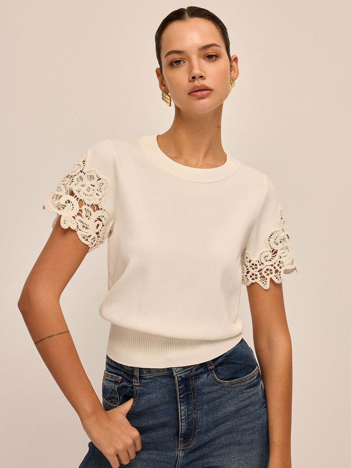 Round Neck Crochet Lace Sleeve Knit Top for Women Casual Wear