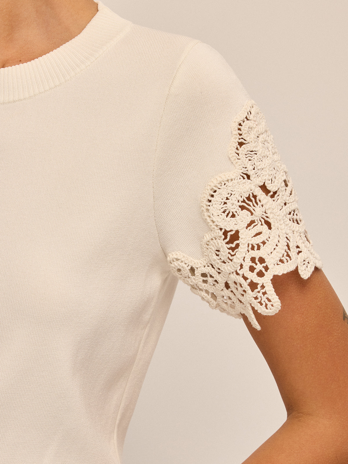 Round Neck Crochet Lace Sleeve Knit Top for Women Casual Wear