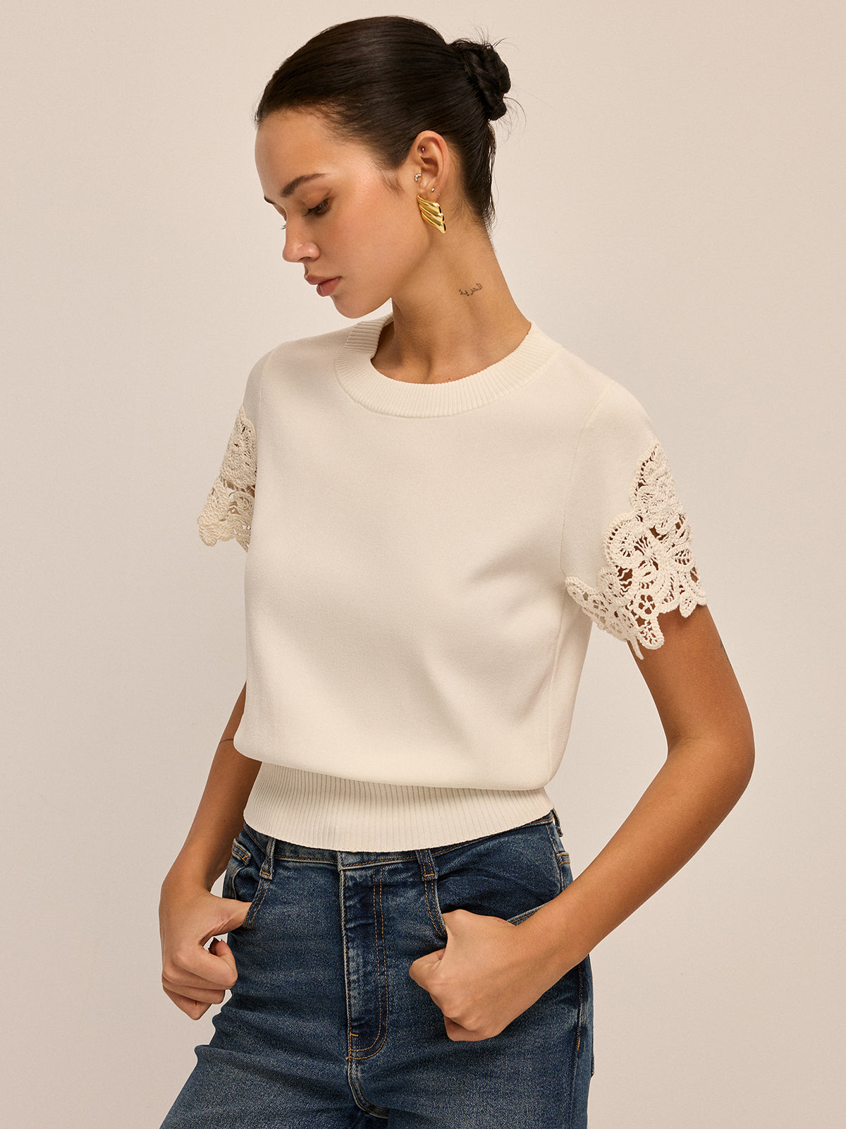 Round Neck Crochet Lace Sleeve Knit Top for Women Casual Wear