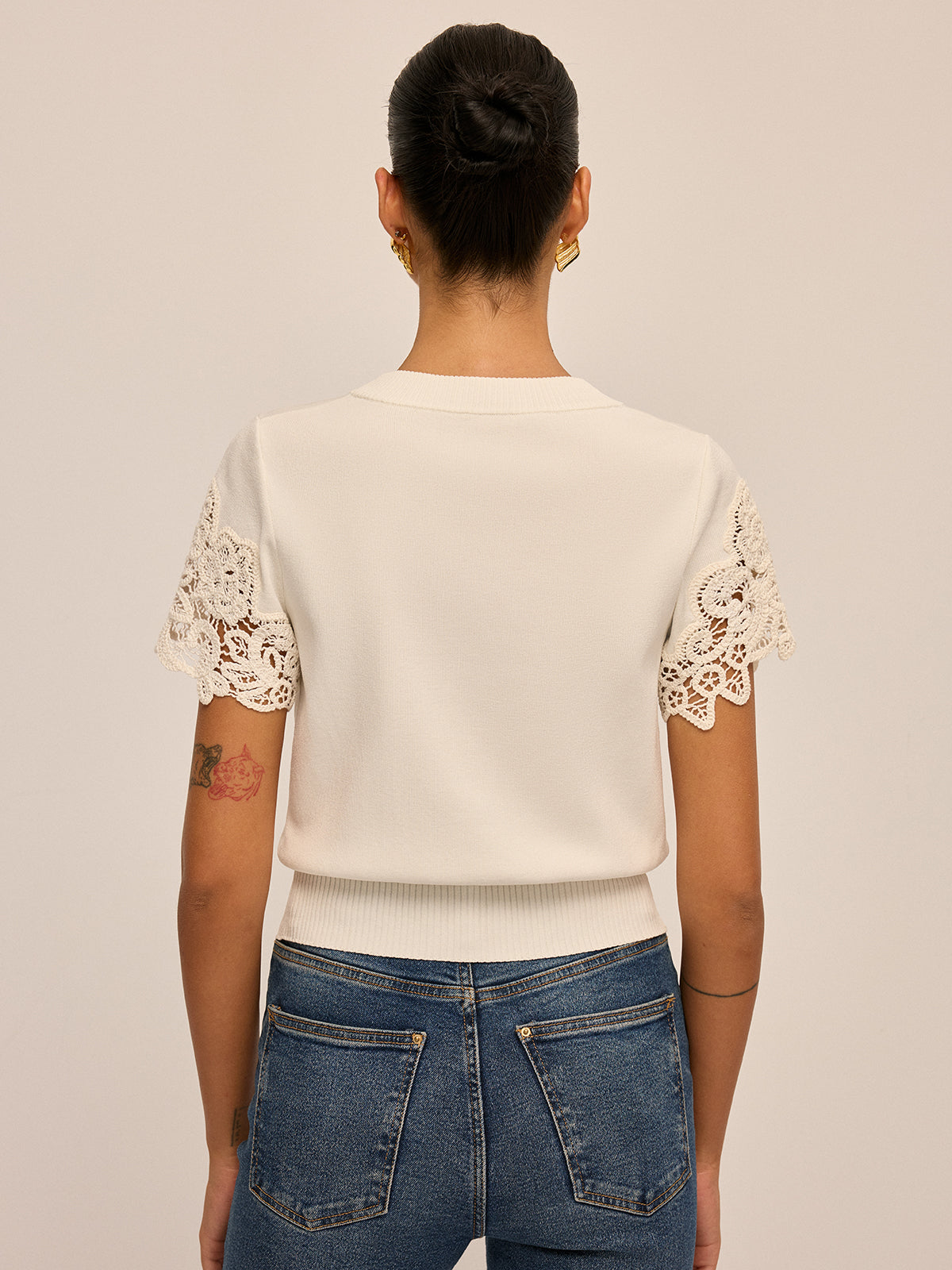 Round Neck Crochet Lace Sleeve Knit Top for Women Casual Wear