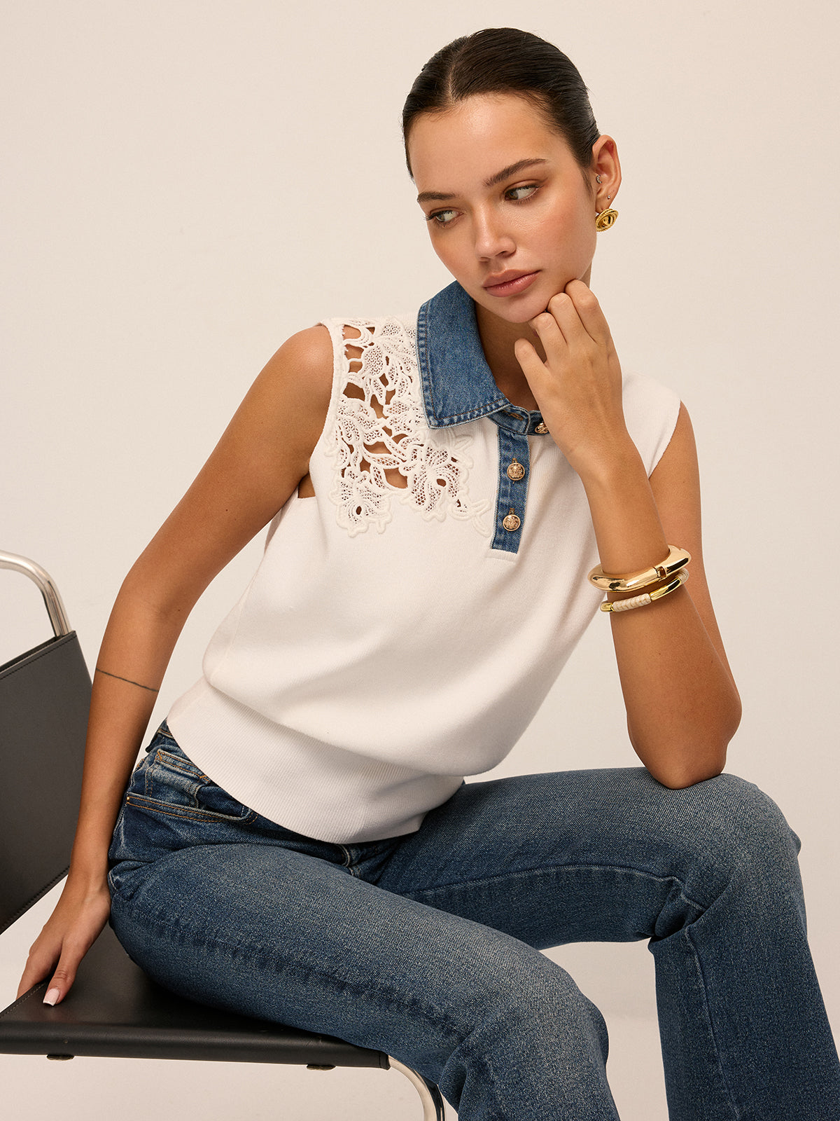 Denim Collar Lace Cutout Sleeveless Knit Top for Women Summer Casual