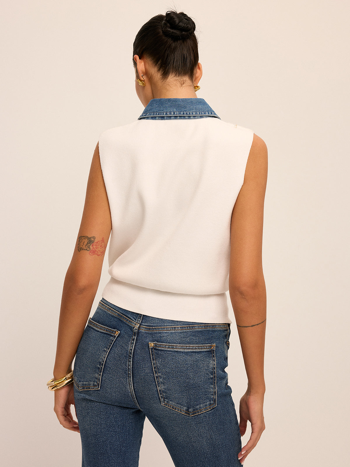 Denim Collar Lace Cutout Sleeveless Knit Top for Women Summer Casual