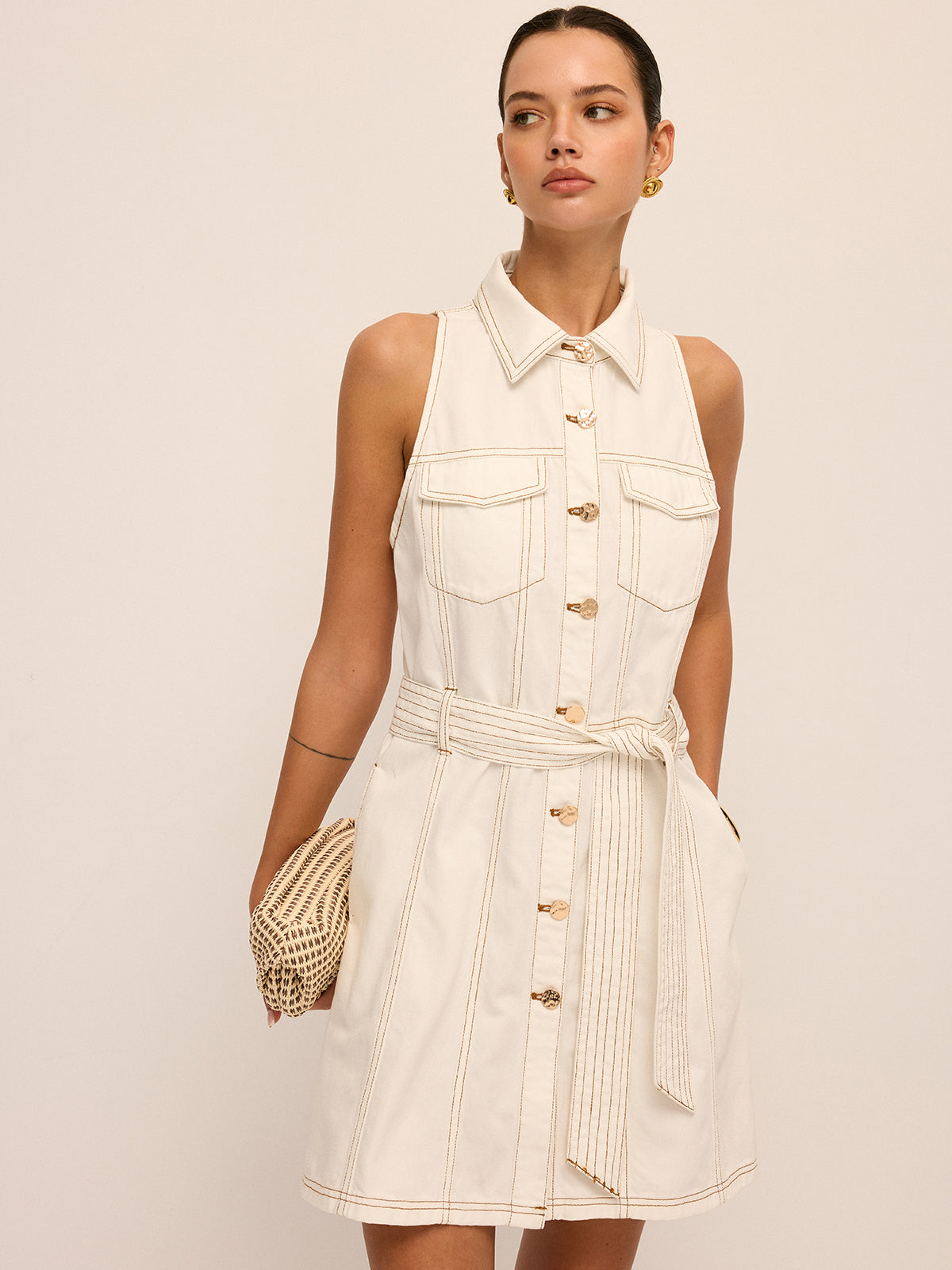 Sleeveless Belted Denim Shirt Dress for Women with Casual Style